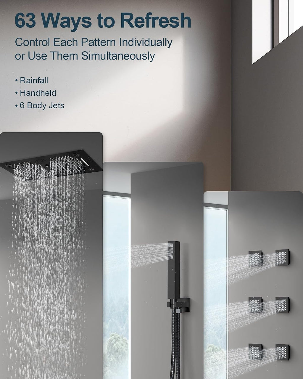 Luxury LED Shower System, 28' x 16' Ceiling Mount Bluetooth Music Speaker 4 Function Shower Head with 6 Body Jets, Matte Black