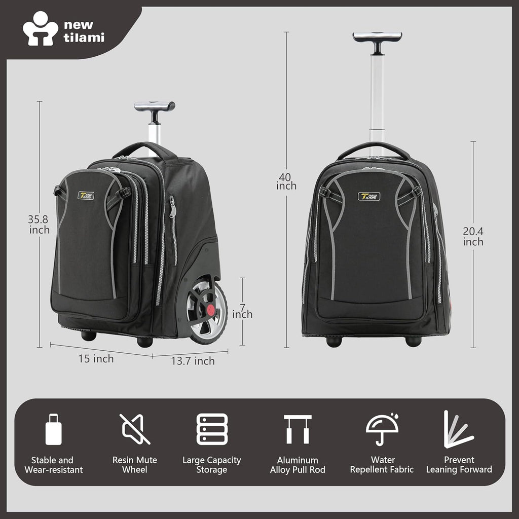 NEW TILAMI 20' Rolling Backpack for Teens Adults, Climbing Stairs Waterproof Backpack with Wheels for School Business Trave Camping with Laptop Compartment, Fit 17 Inch Laptop, Black