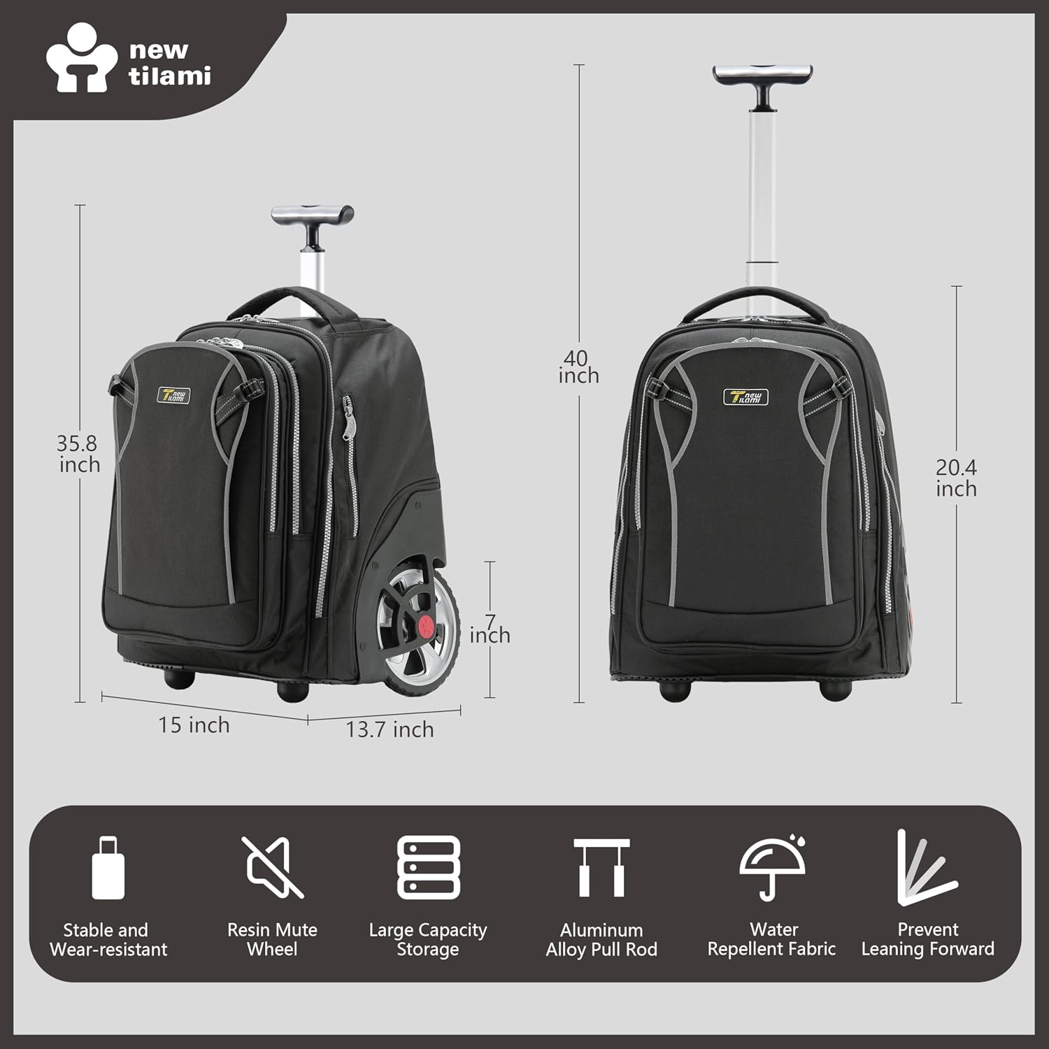 NEW TILAMI 20' Rolling Backpack for Teens Adults, Climbing Stairs Waterproof Backpack with Wheels for School Business Trave Camping with Laptop Compartment, Fit 17 Inch Laptop, Black