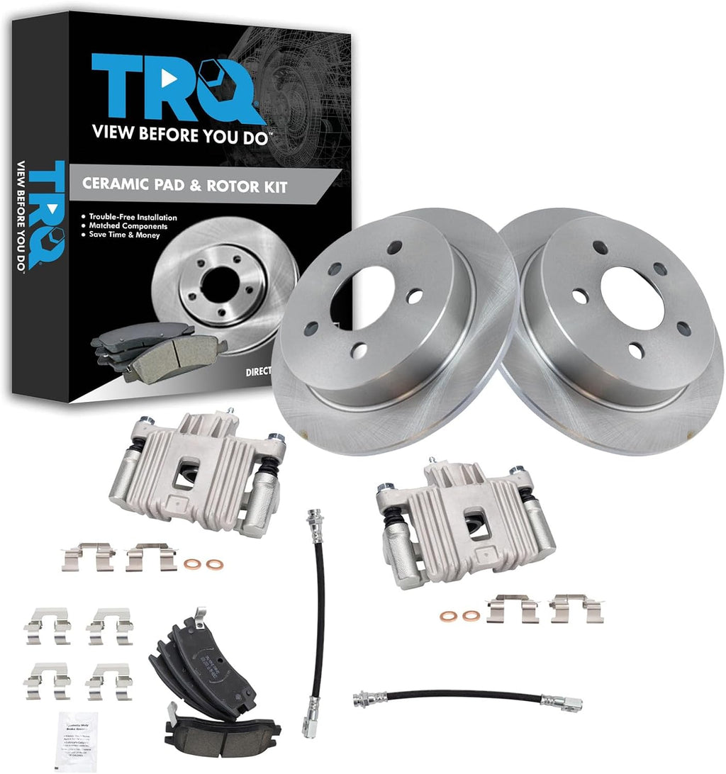 TRQ Rear Brake Pad and Rotor Set Ceramic Rotors Calipers Hoses Compatible with 2004 Oldsmobile Alero 2005 Pontiac Grand Am