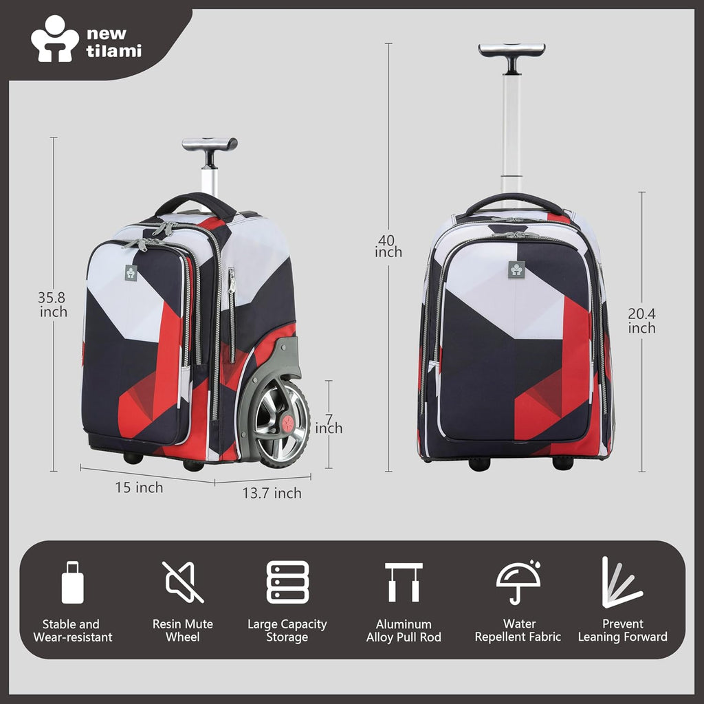 NEW TILAMI 20' Rolling Backpack for Teens Adults, Climbing Stairs Waterproof Backpack with Wheels for School Business Trave Camping with Laptop Compartment, Fit 17 Inch Laptop, Black - Red Combo