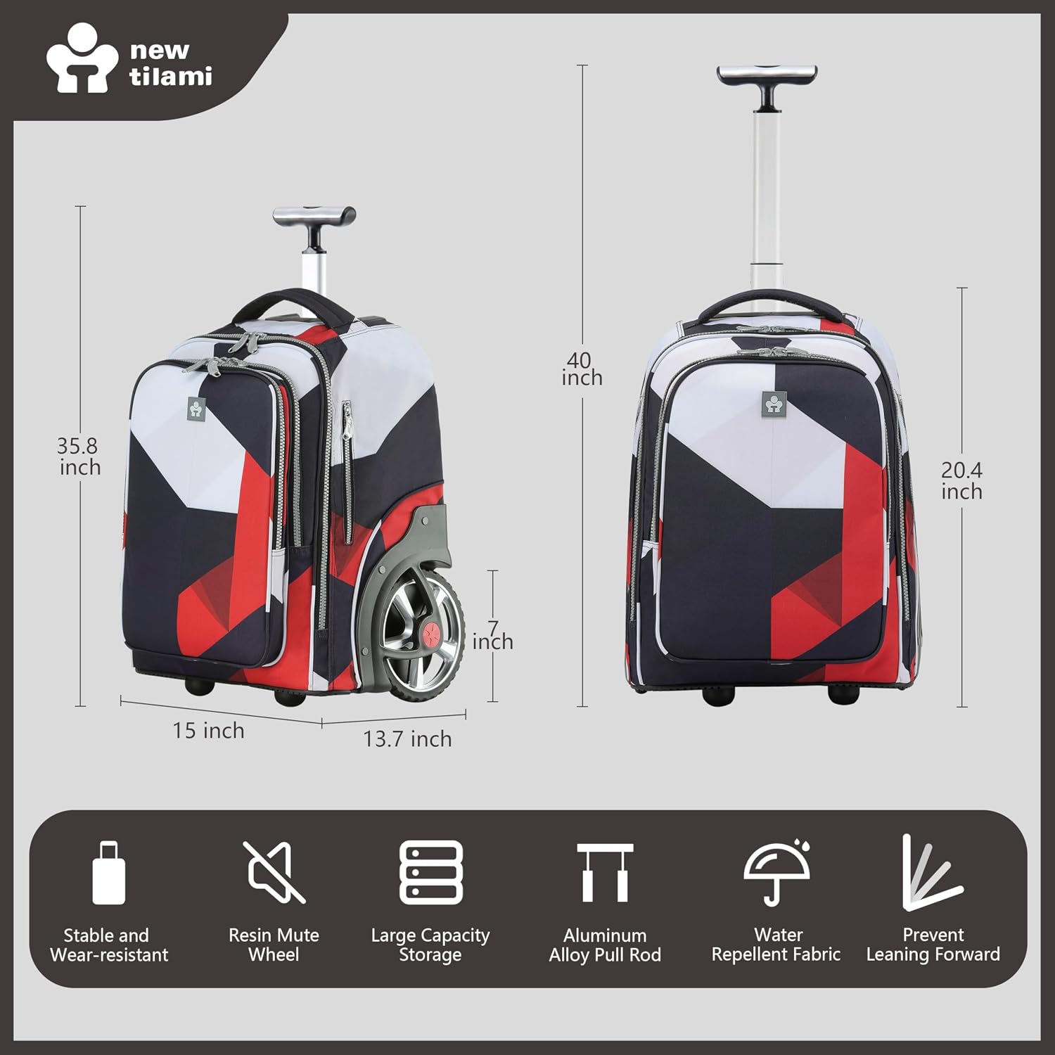 NEW TILAMI 20' Rolling Backpack for Teens Adults, Climbing Stairs Waterproof Backpack with Wheels for School Business Trave Camping with Laptop Compartment, Fit 17 Inch Laptop, Black - Red Combo