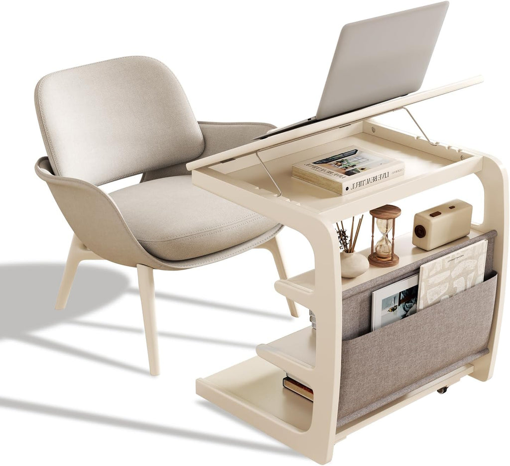 AQIMUELE Rolling Side Table, C Shaped End Table, C Table with 4 Wheels Solid Wood Small Rolling Desk with Adjustable Desktop,C Shaped End Table for Couch,Home Office(15.6' D x 23.6' W x 24.3' H)
