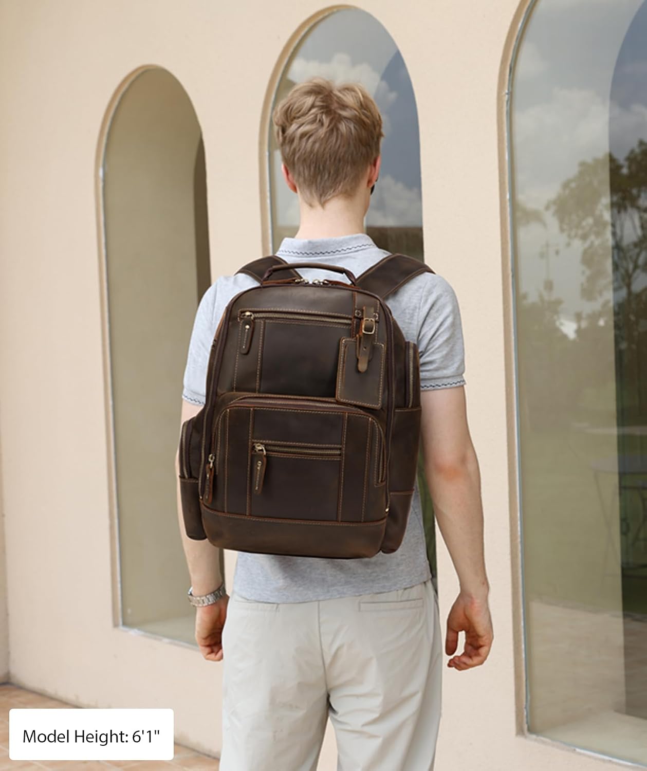 LANNSYNE Vintage Genuine Leather Backpack for men, 15.6' Laptop Backpack Travel Camping 24L Rucksack