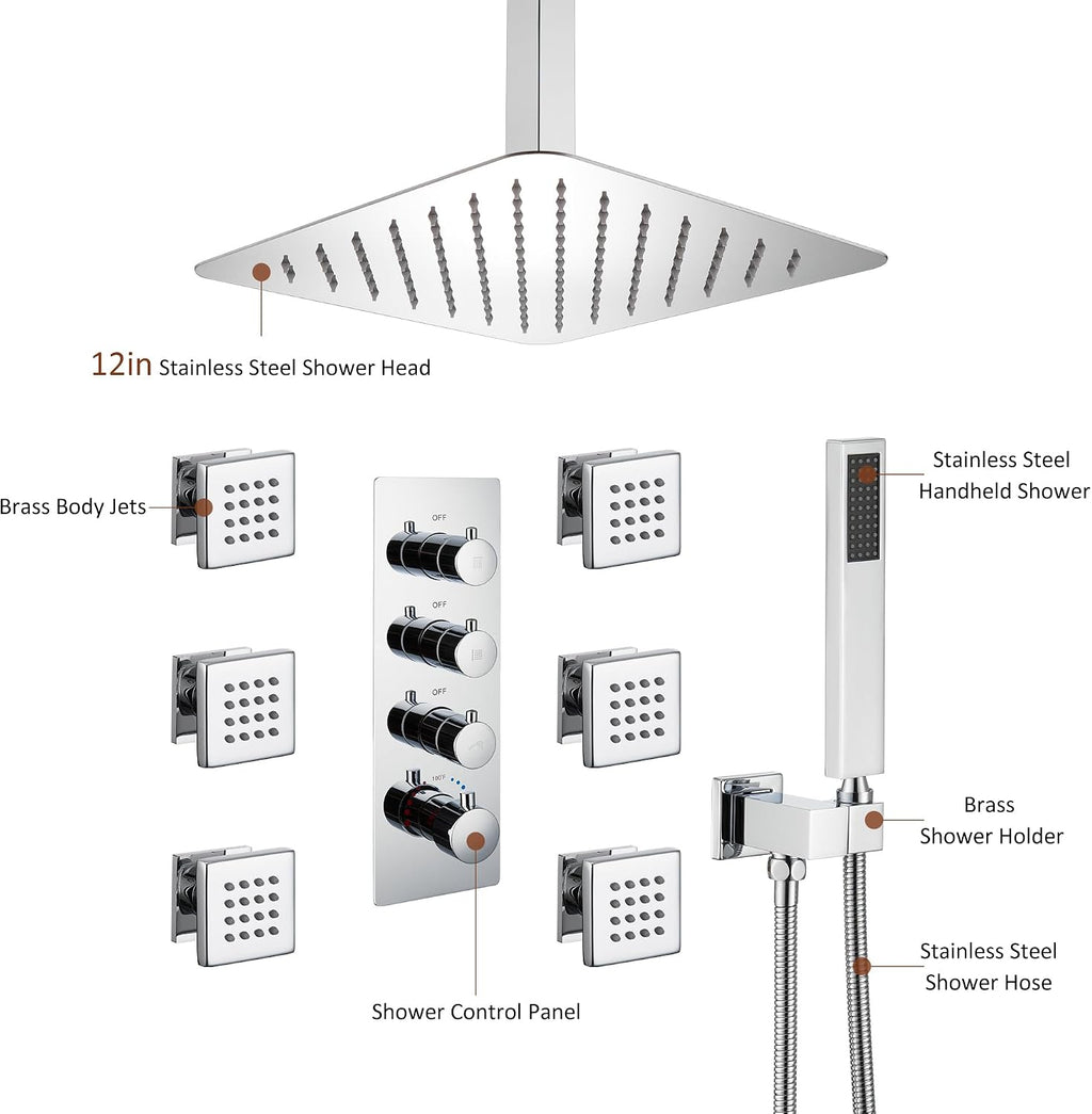 MONDAWE 12 In Thermostatic Shower System, Ceiling Mounted High Pressure Shower Head with Handheld,6 Body Jets, Bathroom Shower Faucet Set in Chrome