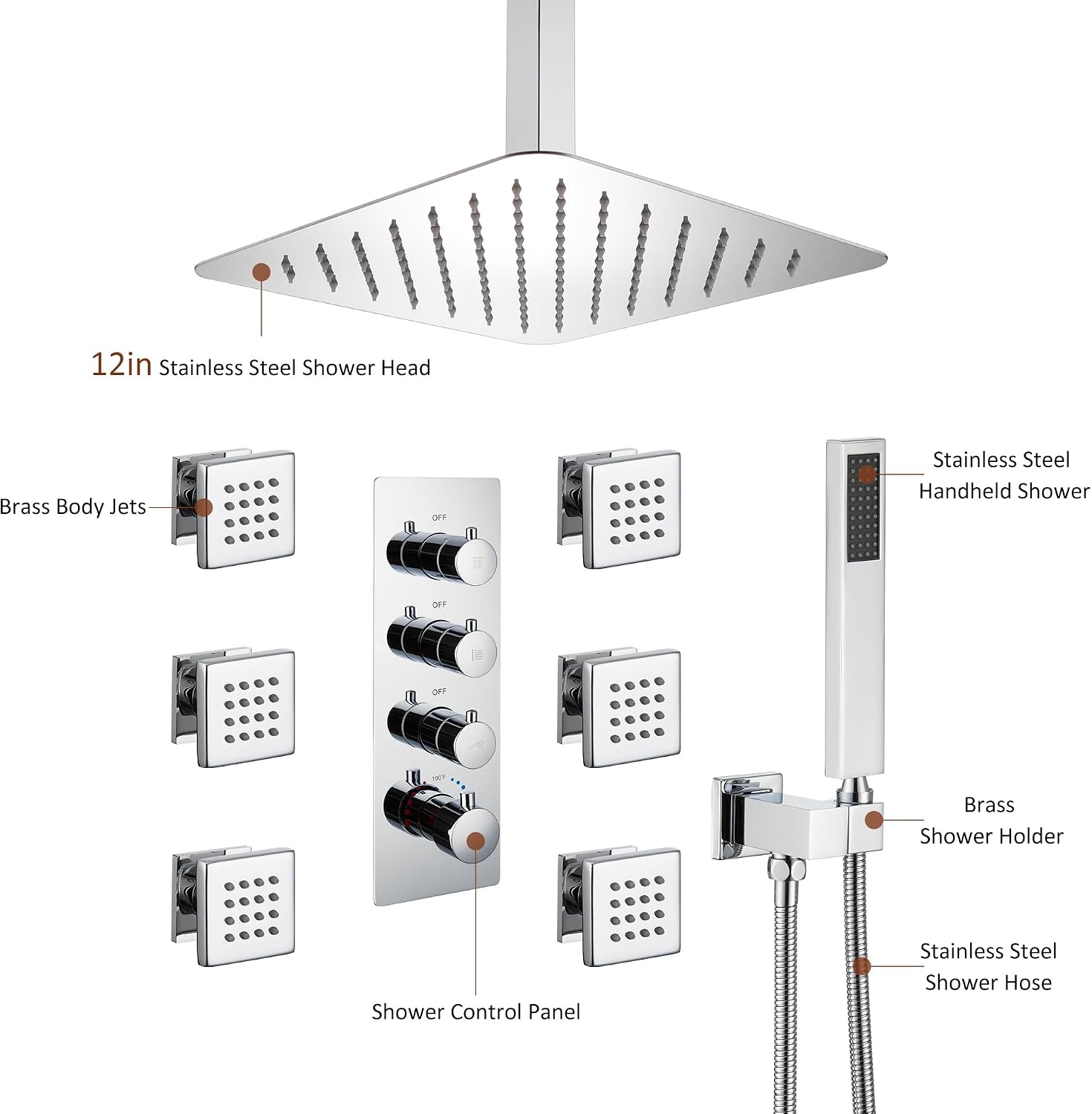 MONDAWE 12 In Thermostatic Shower System, Ceiling Mounted High Pressure Shower Head with Handheld,6 Body Jets, Bathroom Shower Faucet Set in Chrome