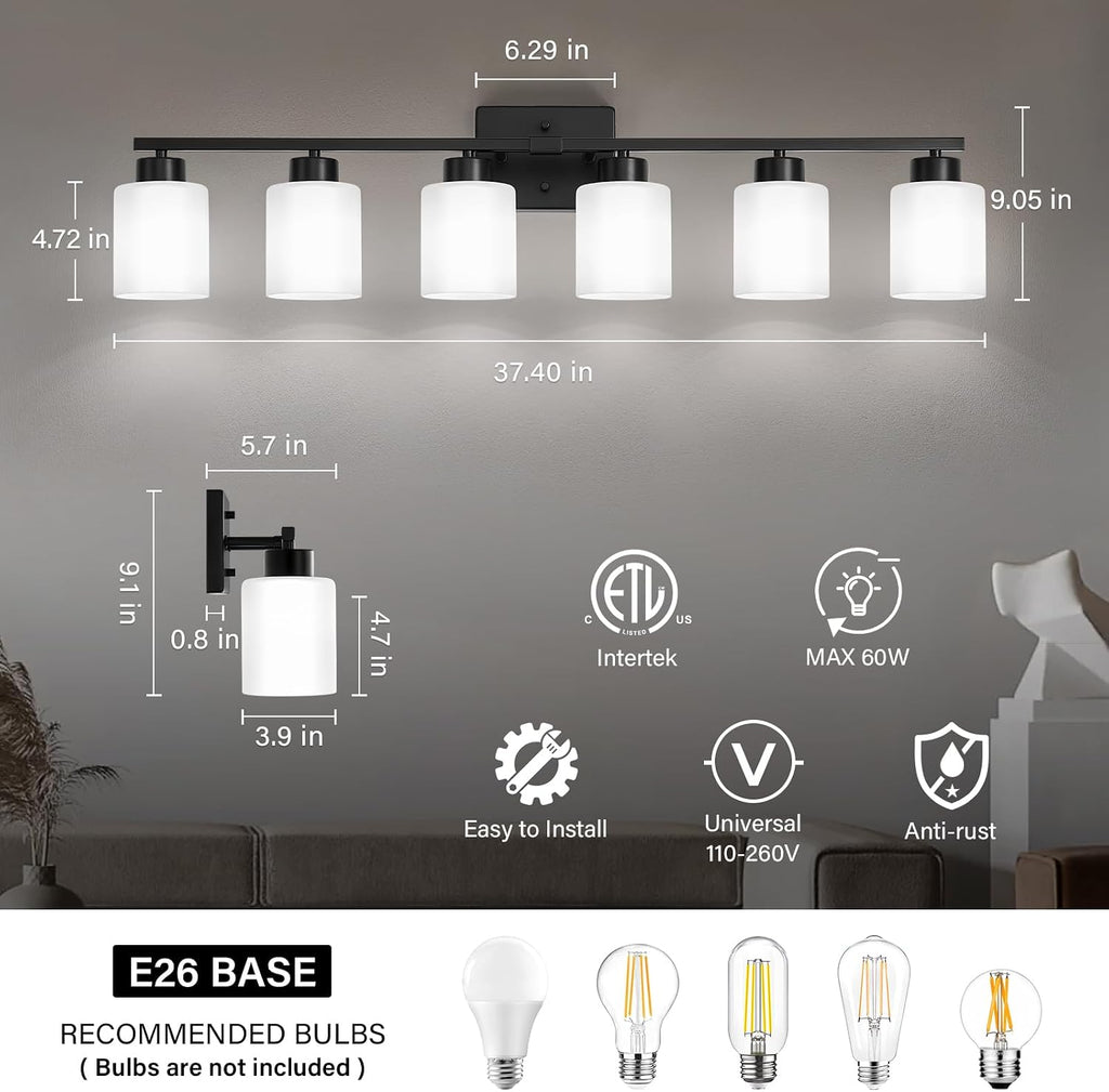 FonmYim Black Bathroom Light Fixtures, 6-Light Modern Vanity Light Over Mirror, Wall Sconces with Milky White Frosted Glass Shades, E26 Socket (Bulbs Not Included)