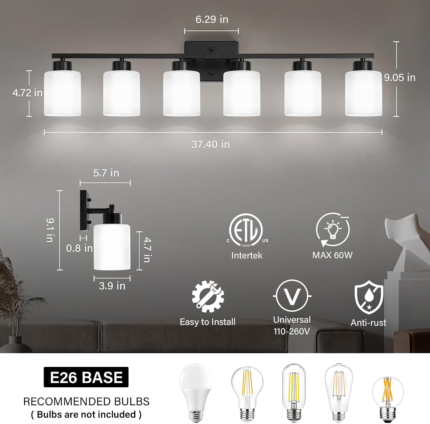 FonmYim Black Bathroom Light Fixtures, 6-Light Modern Vanity Light Over Mirror, Wall Sconces with Milky White Frosted Glass Shades, E26 Socket (Bulbs Not Included)