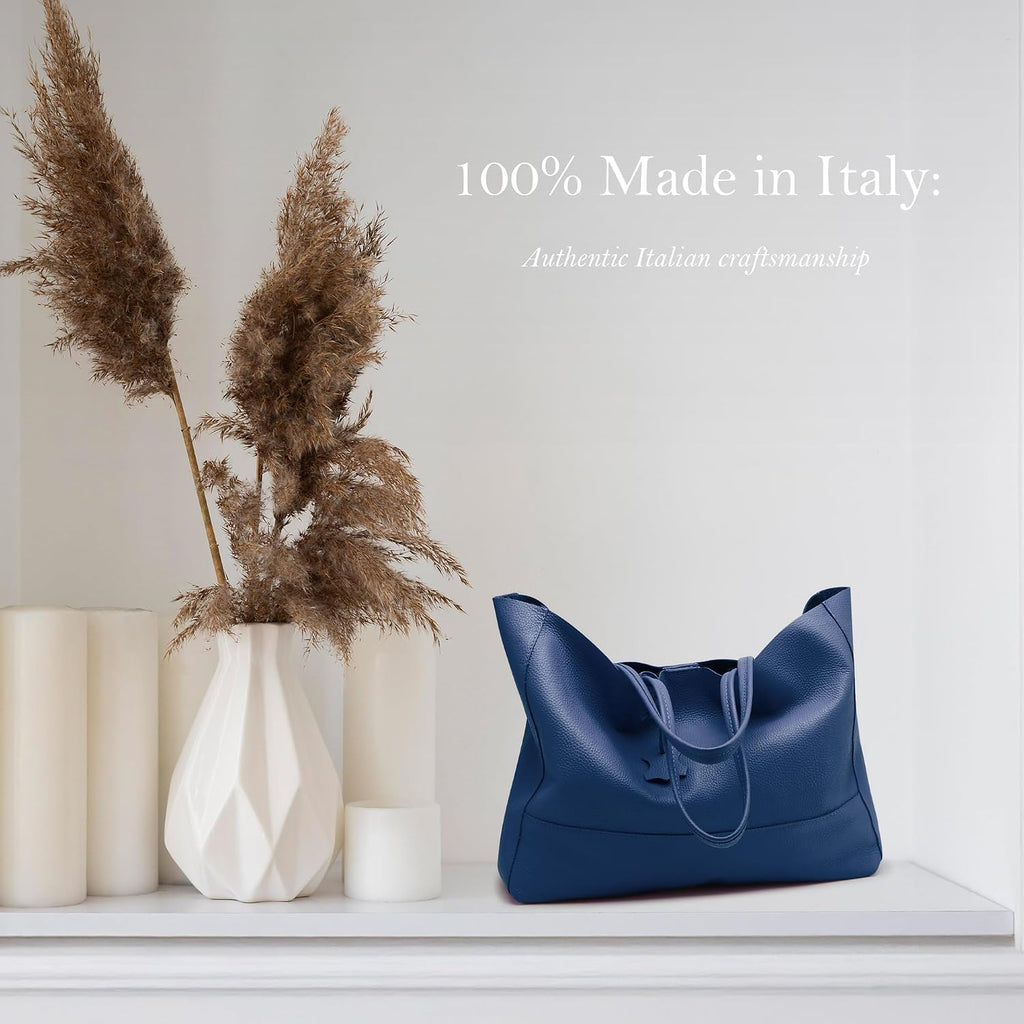 Italian Leather Tote Bag for Women - Large Shoulder Shopper, Fits 16' Laptop, Keychain Holder, Made in Italy