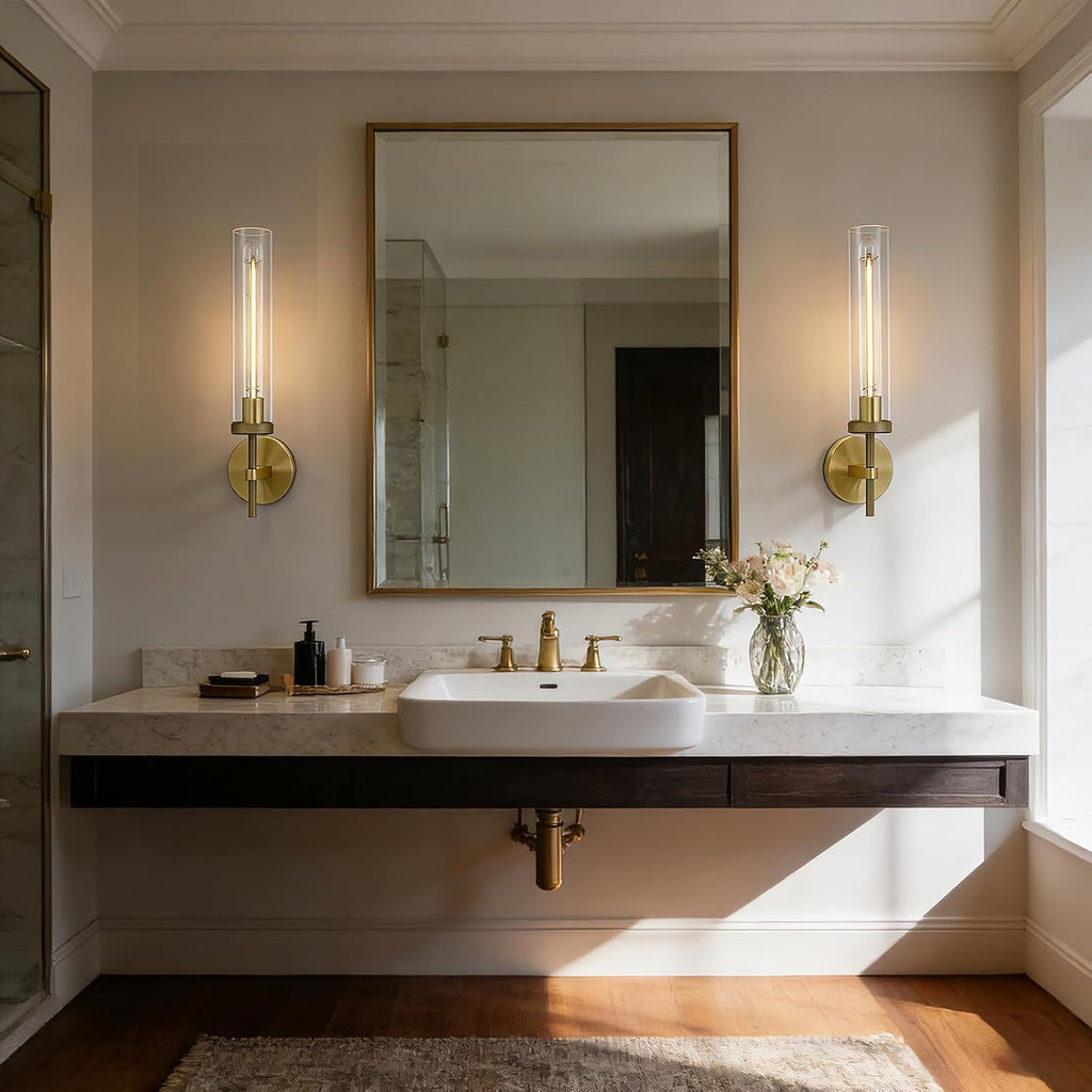 19' Modern Gold Wall Sconces Set of 2, Knurled Brass Vanity Lights with Clear Tube Glass Shade, Industrial Long Linear Wall Lamp for Bathroom Mirror, Hallway, Living Room, Staircase