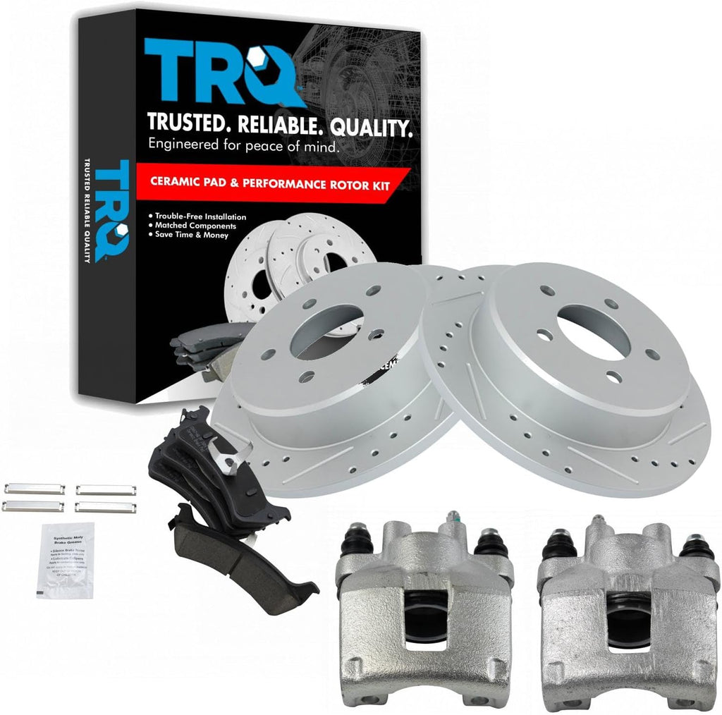 TRQ Performance Rear Brake Pad and Rotor Set Ceramic Coated Drilled Slotted Vented Rotors Calipers Compatible with 1995-2001 Ford Explorer 1997-2001 Mercury Mountaineer 2002 Ranger