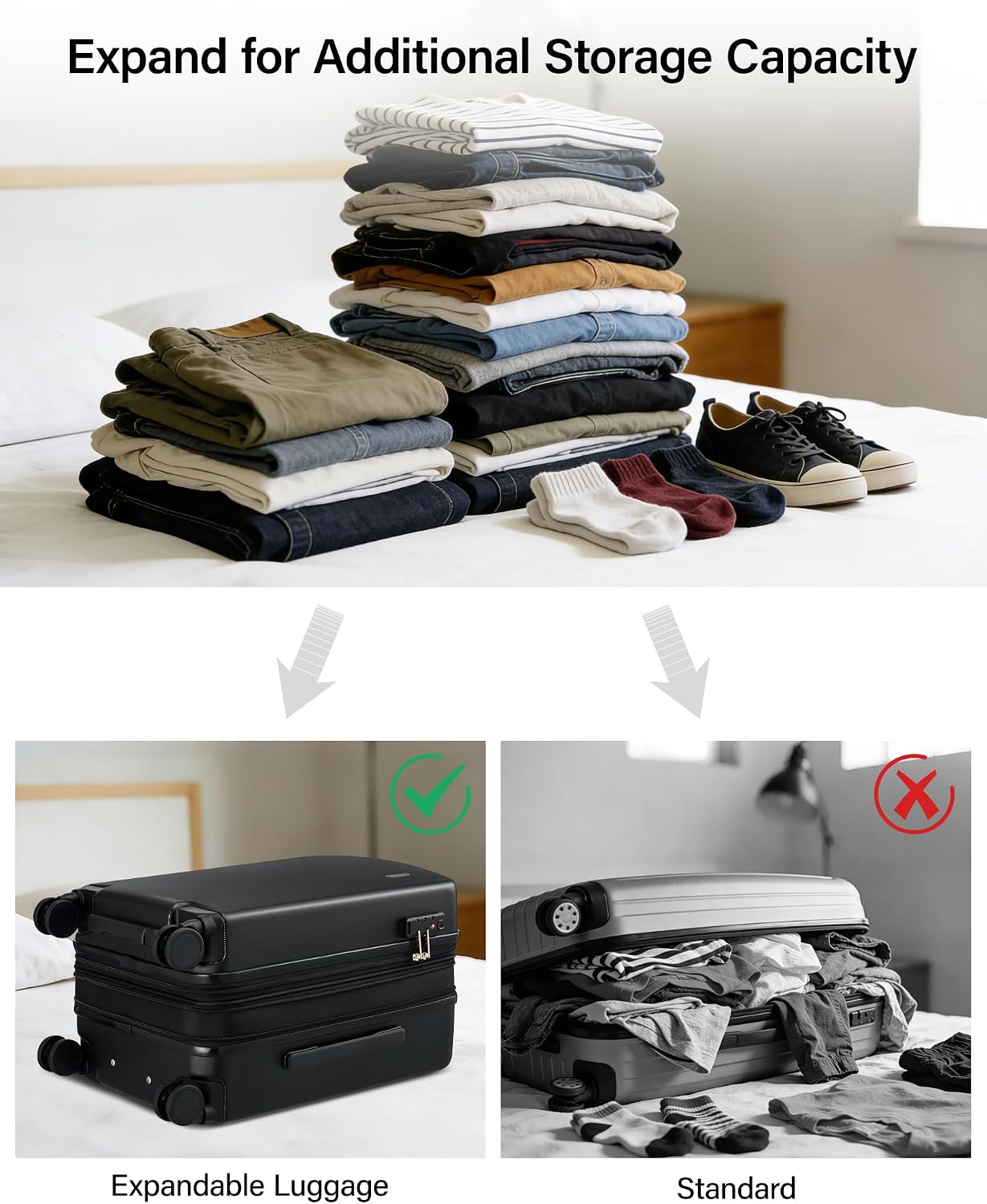 Hanke Expandable Luggage Sets 2 Piece, 20 Inch and 28 Inch Luggage Sets with Spinner Wheels, Durable PC Hard Shell Rolling Suitcase with TSA Lock for Travel (20/28 Inch, Jet Black)