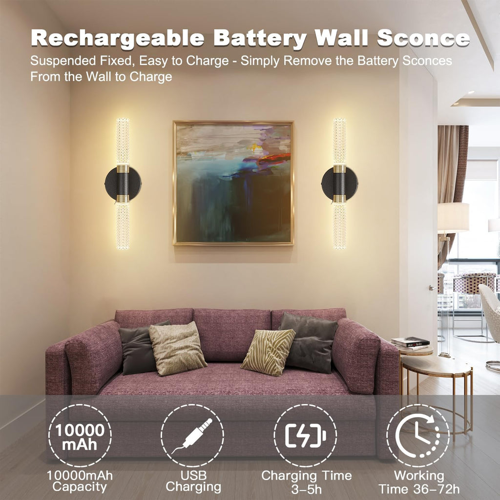 Battery Operated Black Gold Wall Sconces Set of Two, 10000 mAh Rechargeable Battery Powered Wall Sconce with Remote Control, 16 Inch Non-Hardwired Wireless Crystal Wall Scones for Bedroom, Living Room