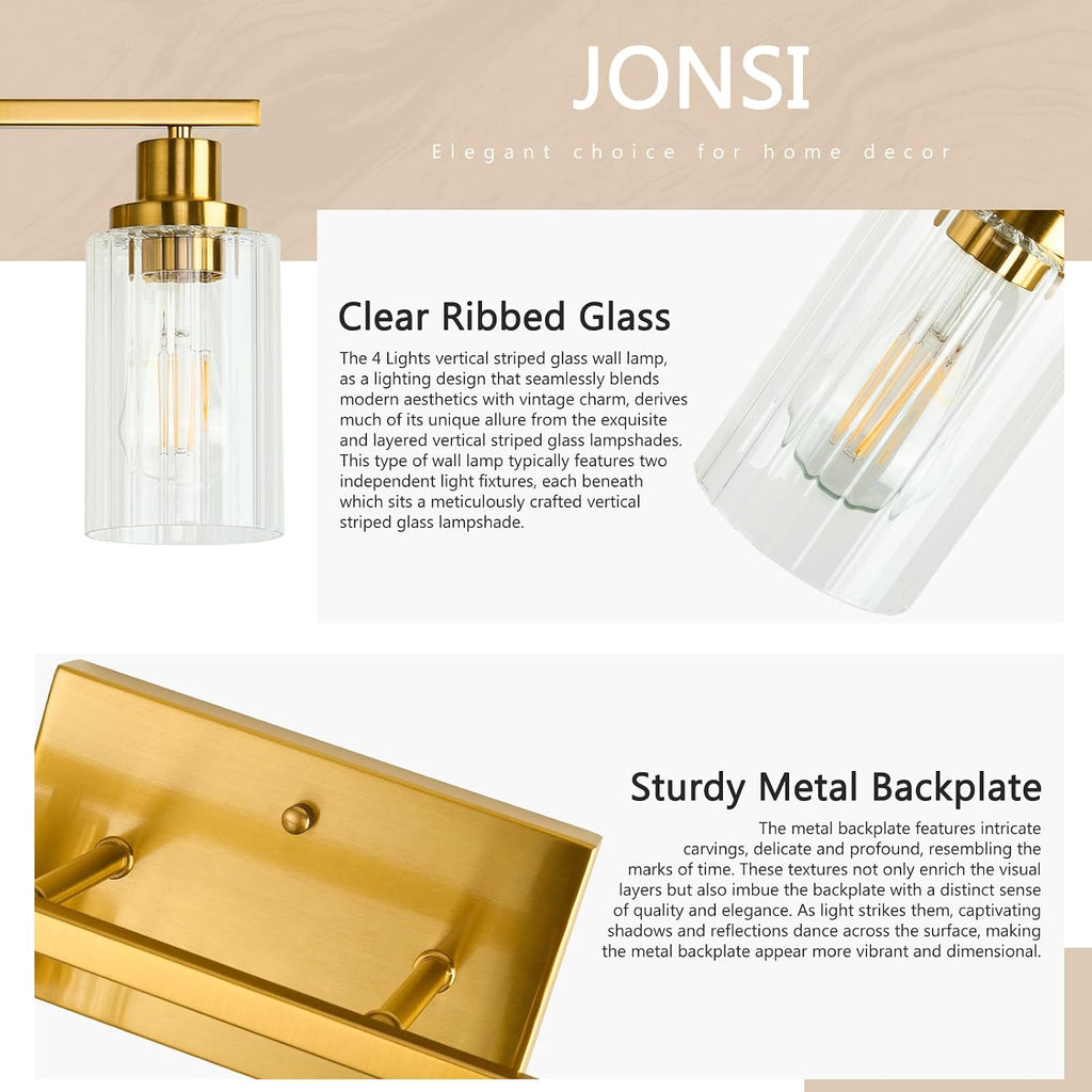 Jonsi Brushed Gold Bathroom Light Fixtures, 4-Light Brushed Gold Vanity Light, Bathroom Vanity Light with Stripe Glass Shade, E26 Wall Sconces Over Mirror for Bathroom, Living Room, Hallway