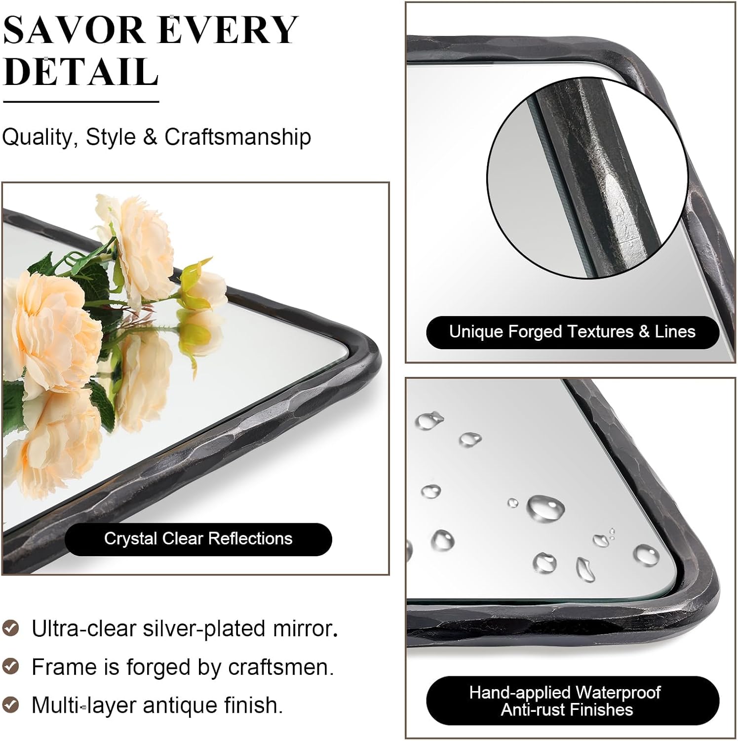 ANDY STAR Hand-Forged Black Bathroom Mirrors for Wall, 24x32 Inch Vintage Solid Steel Metal Frame Bathroom Vanity Mirror, Antique Rounded Rectangle Wall Mirror, Hangs Horizontally or Vertically