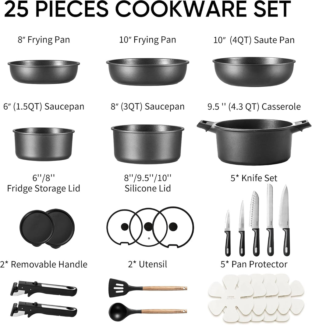 CAROTE 25pcs Pots and Pans Set Non Stick, Cookware Sets, Kitchen Set, Oven/Dishwasher/Fridge Safe, Space Saving Pots Set, Nonstick Set with Versatile Detachable Handle with Knife Set, Jet Black