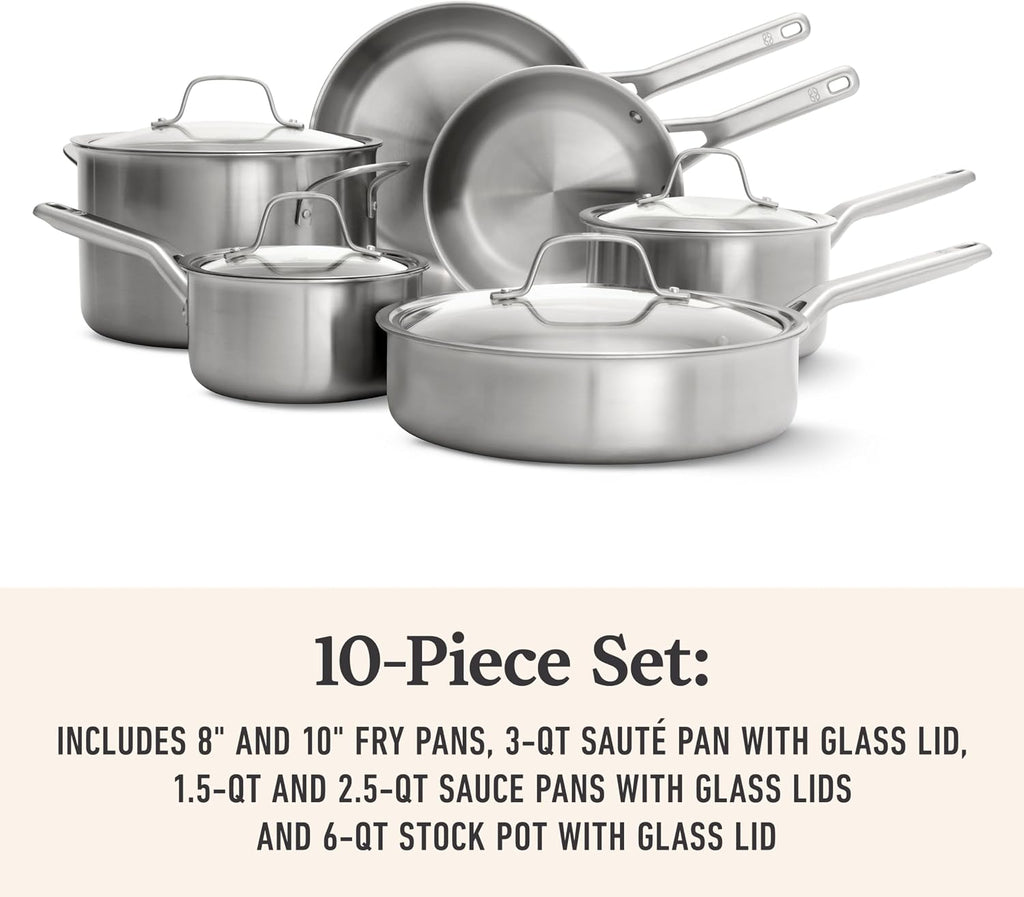 Calphalon Brushed 3-Ply Stainless Steel Cookware Set w/Turbo Heat Tech 10 Piece Includes Frying Pans, Pots and Pans Set, Induction, Oven Safe 450F, Brushed Stainless Silver