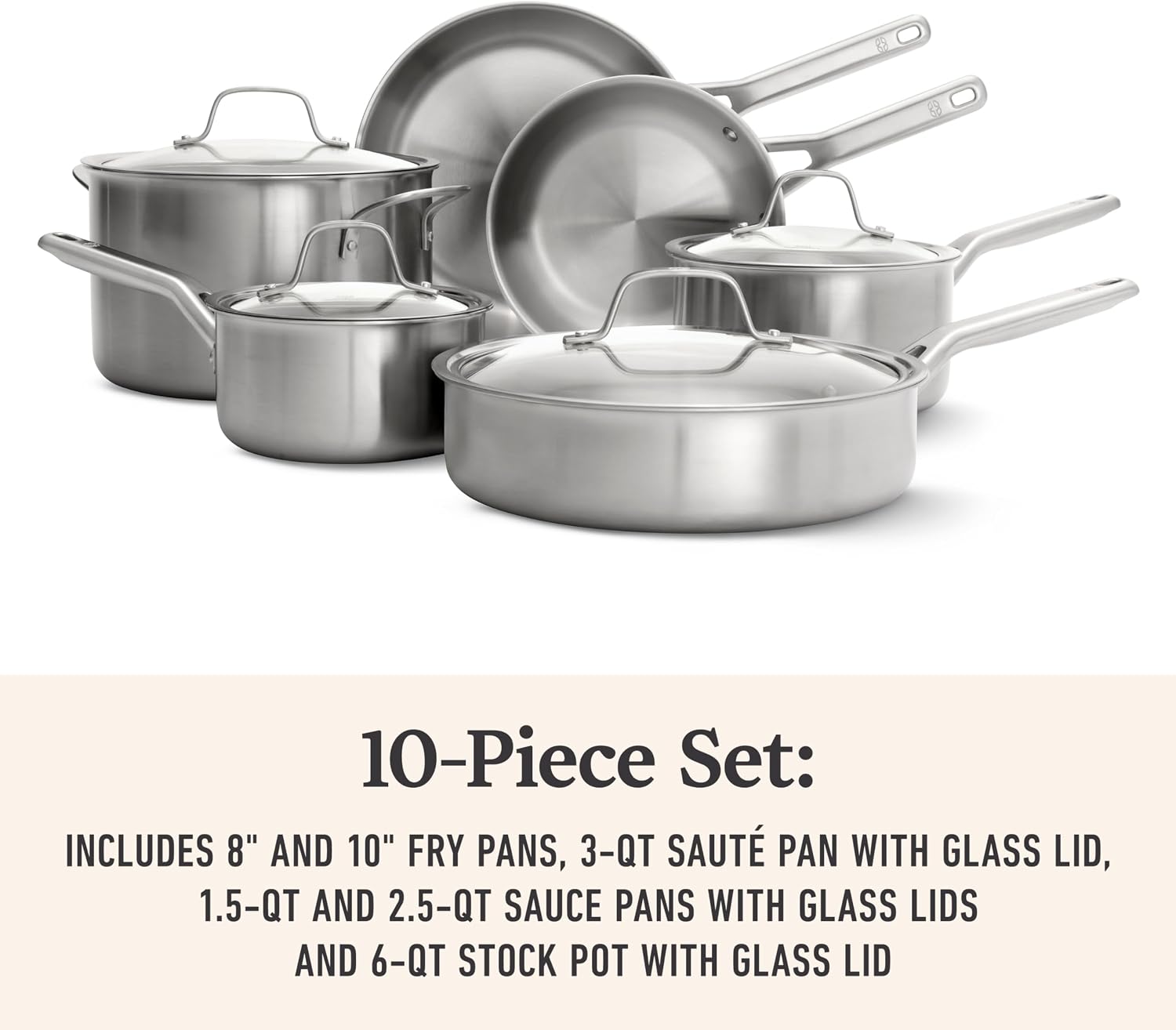 Calphalon Brushed 3-Ply Stainless Steel Cookware Set w/Turbo Heat Tech 10 Piece Includes Frying Pans, Pots and Pans Set, Induction, Oven Safe 450F, Brushed Stainless Silver