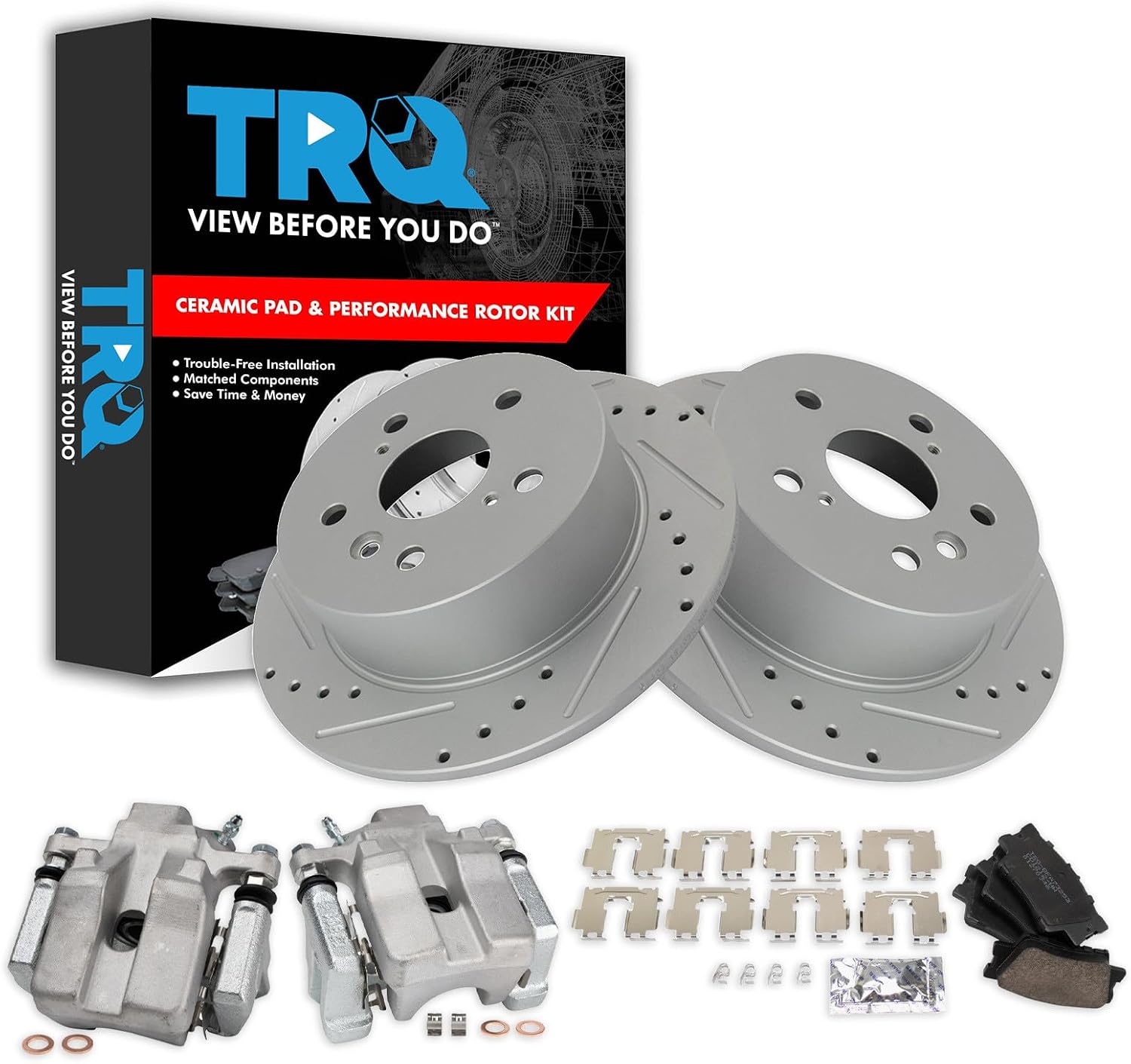 TRQ Performance Rear Brake Pad and Rotor Set Ceramic Solid Coated Rotors Calipers Compatible with 2007-2012 Lexus ES350 2008-2012 Toyota Avalon 2007-2011 Camry
