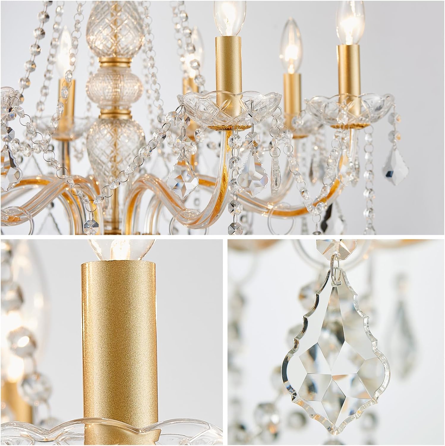WUZUPS 8-Light Crystal Candle Chandelier Pendant Ceiling Light Modern Lighting Fixture for Bedroom Hallway Bar Kitchen Bathroom, H 35.4' W 27.6', E12 Base, Gold
