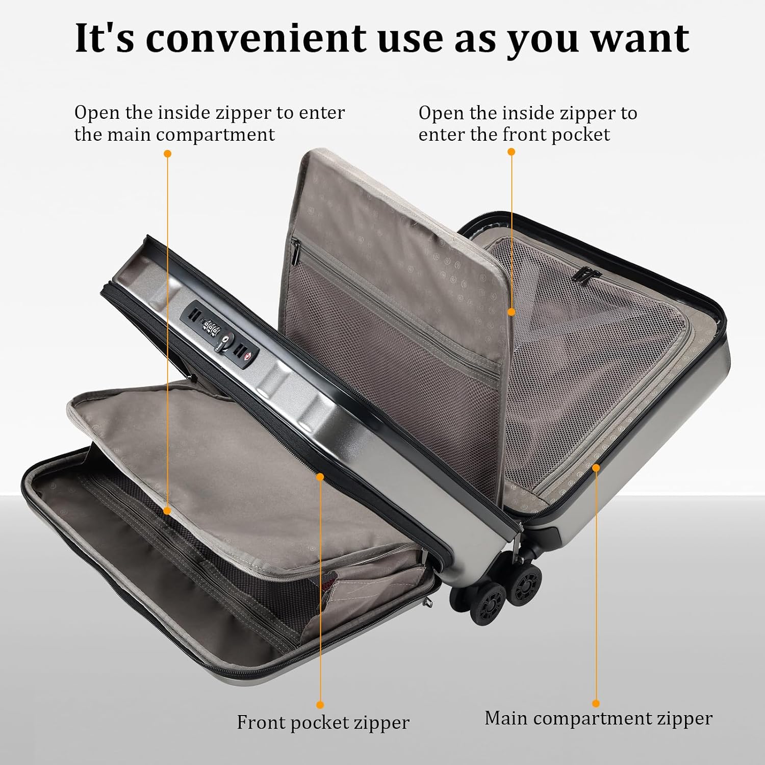 16 Inch Carry On Luggage with 2 Compartments for 14' & 15' Laptop, 16.14*8*17.12' Rolling Briefcase, Lightweight Hardshell ABS+PC Suitcase with Spinner Silent Wheels, for Business Trip, Dark Gray