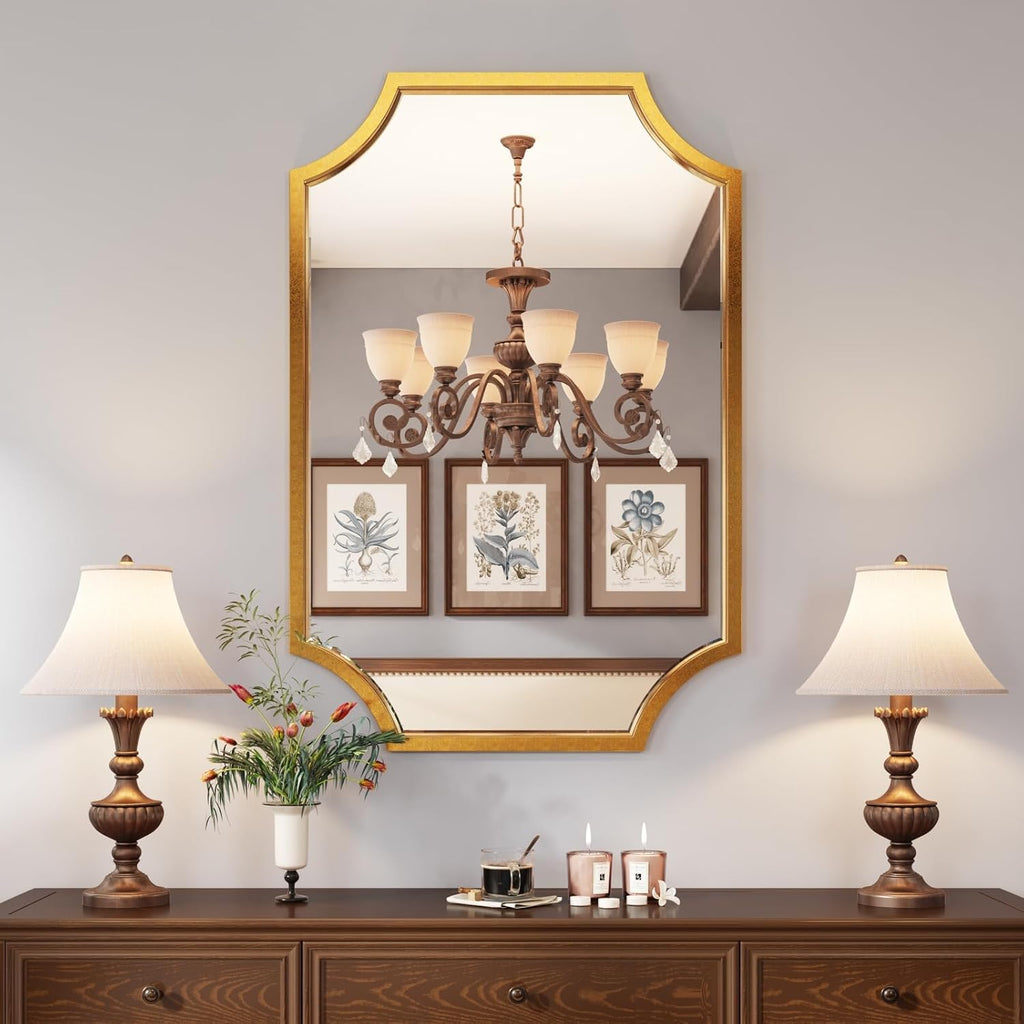 Kelly Miller 24'x36' Gold Foil Metal Scalloped Decorative Wall Mirror | Elegant beveled vanity mirror with wavy edges. Perfect metal frame wall mirror for living room, bathroom & entryway.