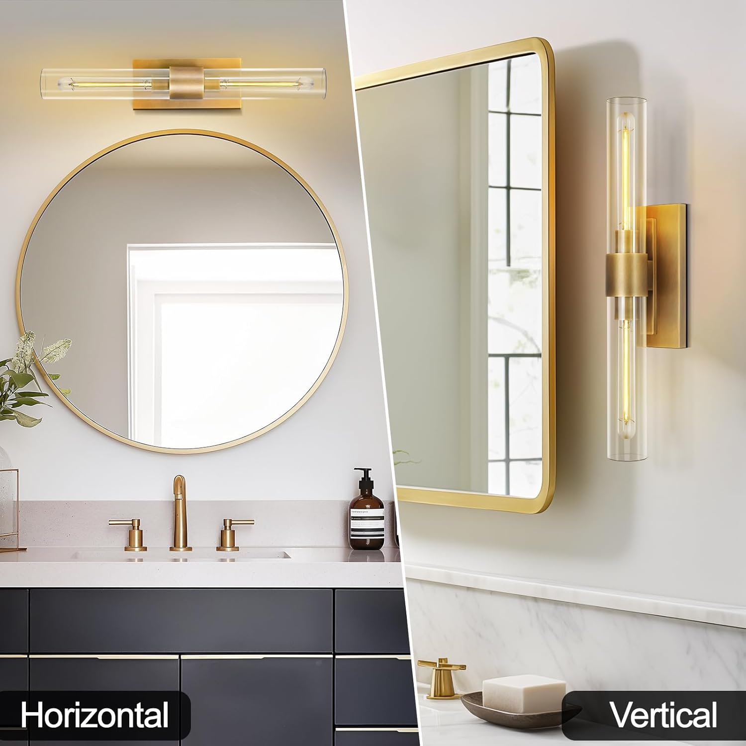 Brass Wall Sconces, 22.8' Bathroom Wall Sconce, Antique Brass Wall Sconces Set of 2, 2-Light Dimmable Wall Sconce, Sconces Wall Lighting With Glass, Bathroom Vanity Light, Tube Sconce for Living Room