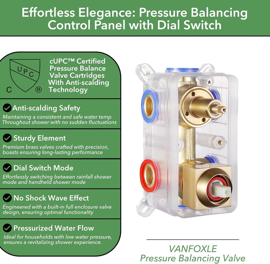 VANFOXLE Shower Faucet Set Brushed Gold Shower System, Four Modes Shower Faucet with 2 in 1 Handheld, Ceiling Mount 12 Inch Shower Head with 14 * 7 Inch Shoulder-Mounted Shower Massager