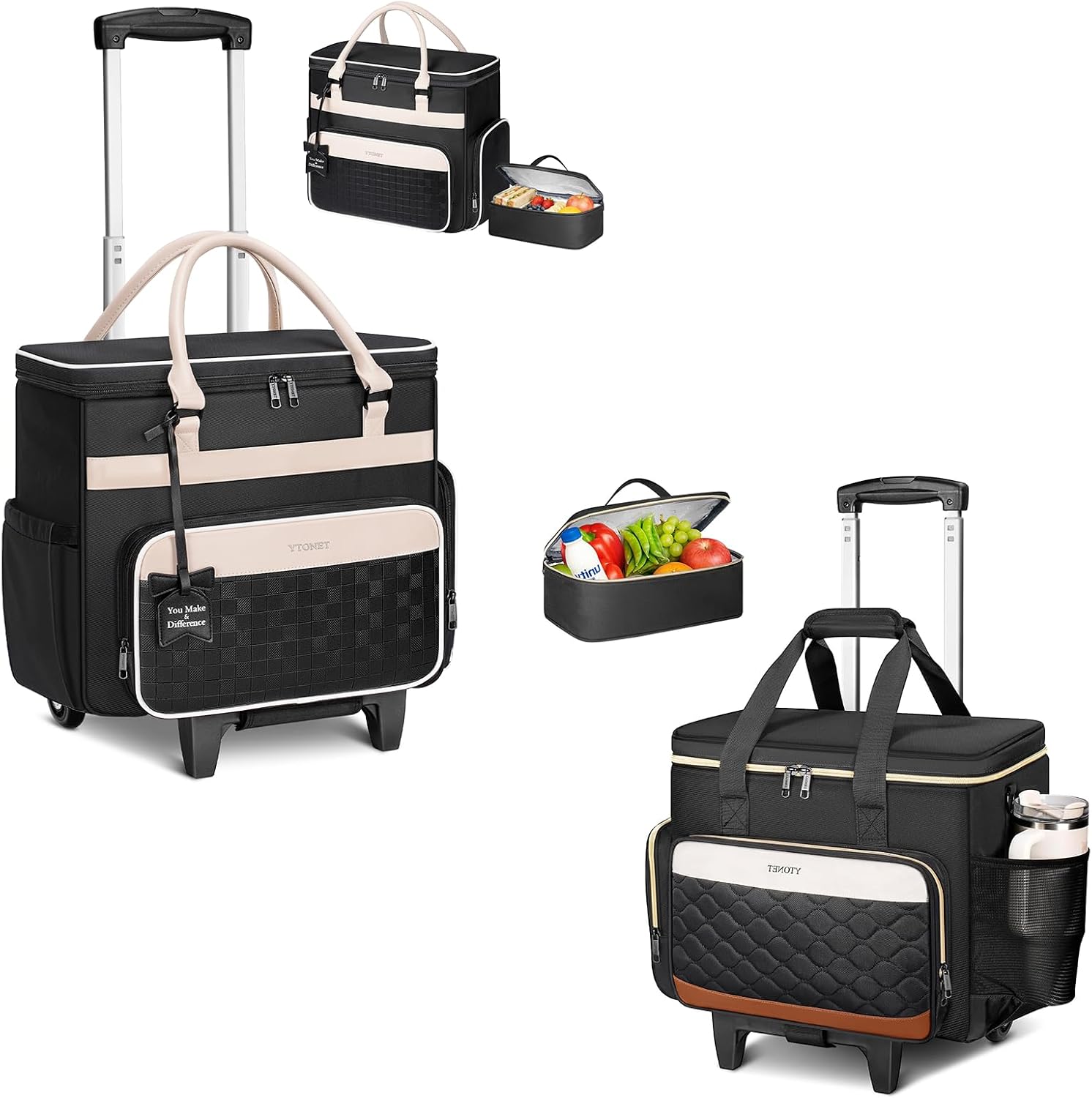 Ytonet Rolling Teacher Bag with Insulated Lunch Carrier & Rolling Laptop Bag with Large Cup Holder