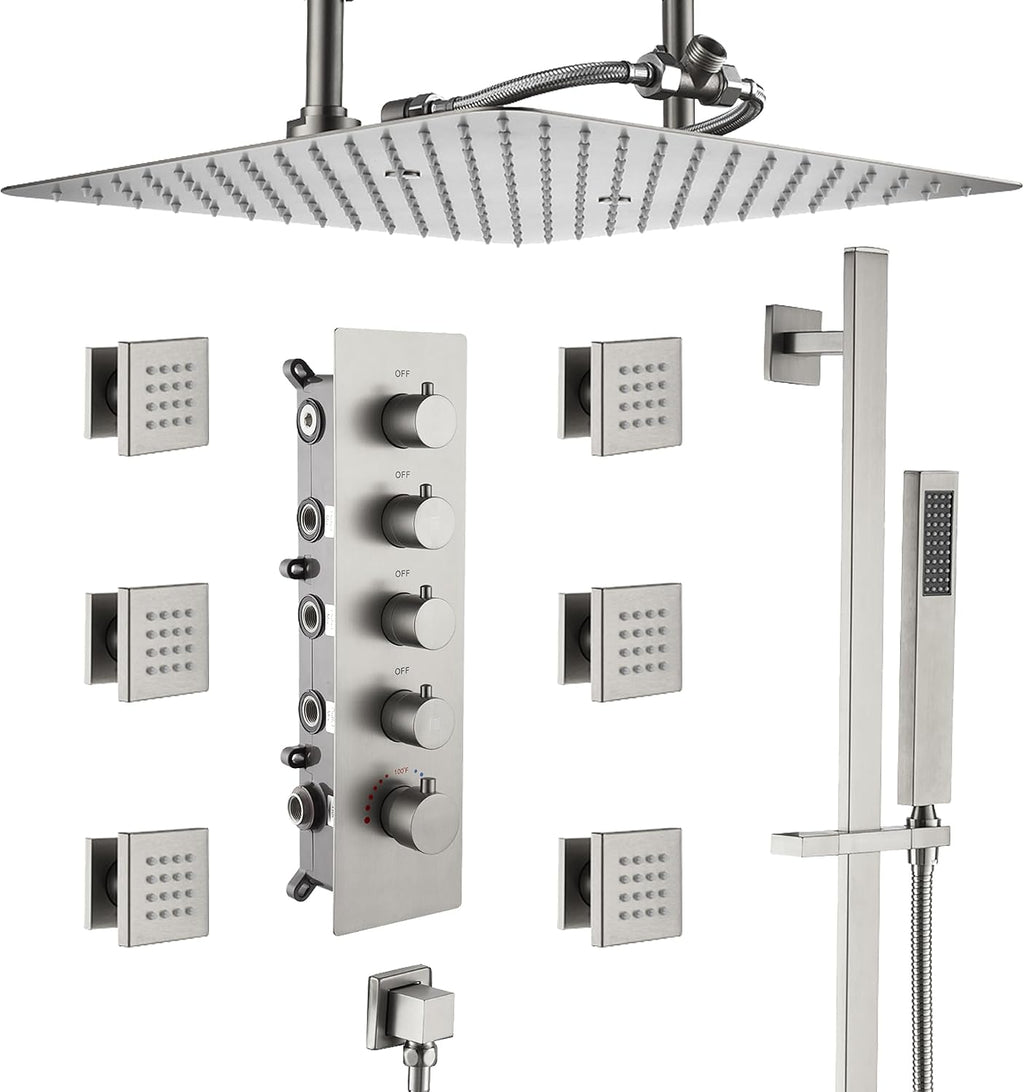 MONDAWE 16 Inch Thermostatic Shower System in Brushed Nickel, Ceiling Mounted Rain and Mist Shower Head with Handheld Spray and 6 Body Jets, High Pressure Bathroom Shower Faucet Set, Solid Brass Valve