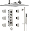 MONDAWE 16 Inch Thermostatic Shower System in Brushed Nickel, Ceiling Mounted Rain and Mist Shower Head with Handheld Spray and 6 Body Jets, High Pressure Bathroom Shower Faucet Set, Solid Brass Valve