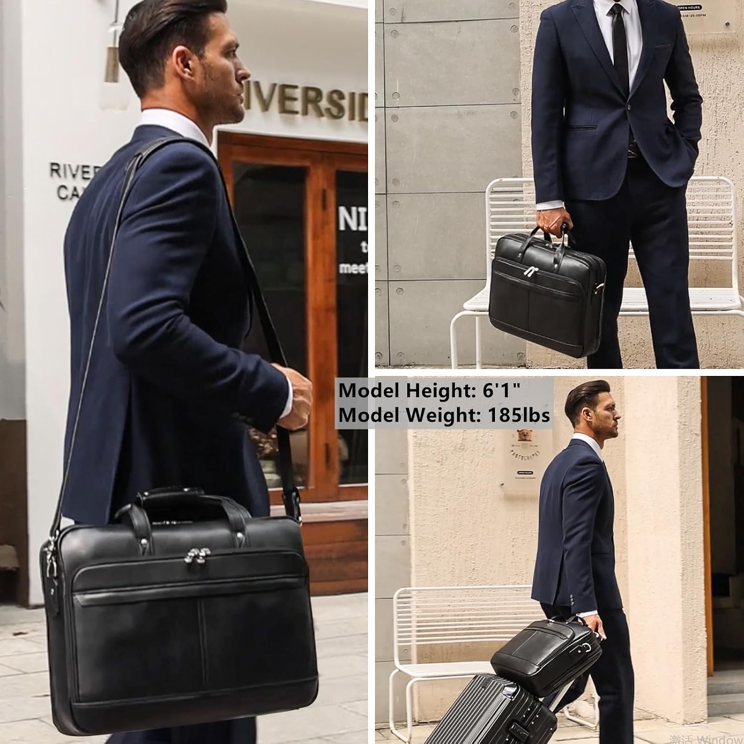 Masa Kawa Leather Briefcase for Men 17/15.6' Laptop Crossbody Shoulder Messenger Bag Business Travel Work Attache Case