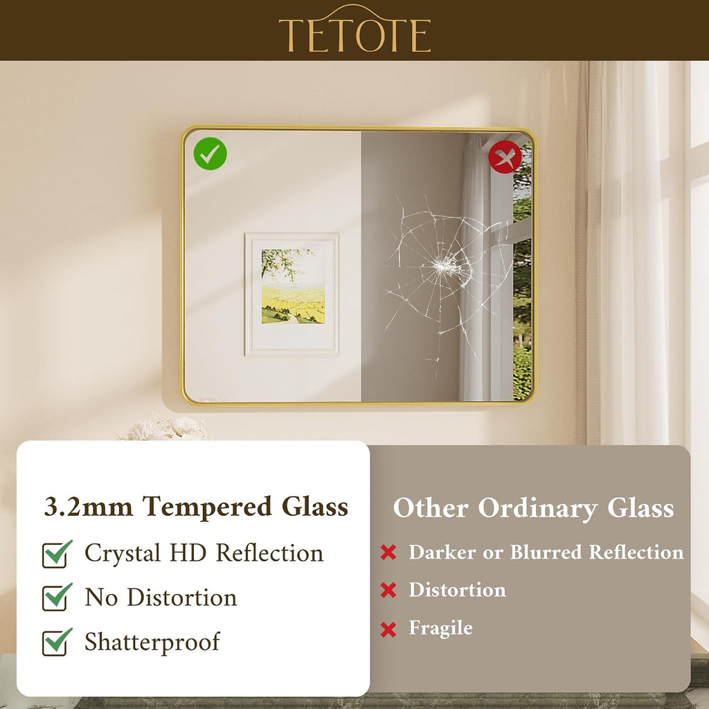 TETOTE Brushed Gold Bathroom Mirror, 40 x 24 Inch Metal Framed Mirror, Brushed Brass Rectangle Wall Mounted Golden Vanity Mirror (Horizontal/Vertical)