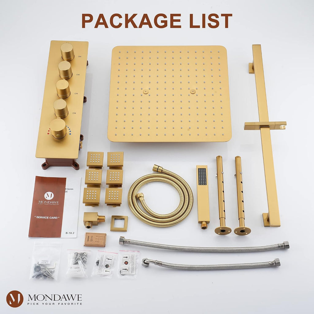 MONDAWE 16 Inch Thermostatic Shower System in Brushed Gold, Ceiling Mounted Rain and Mist Shower Head with Handheld Spray and 6 Body Jets, High Pressure Bathroom Shower Faucet Set, Solid Brass Valve
