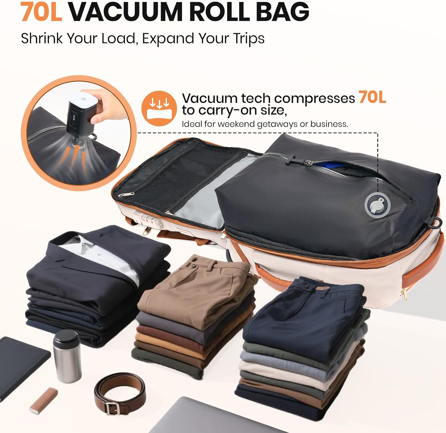 Fanwoli Vacuum Rolling Travel Backpack,Carry On Luggage with TSA Lock & Anti Theft Zipper,70L Expandable Airbag Backpack with Compression Pump,Waterproof Laptop Bag Ideal for Flight & Business,White