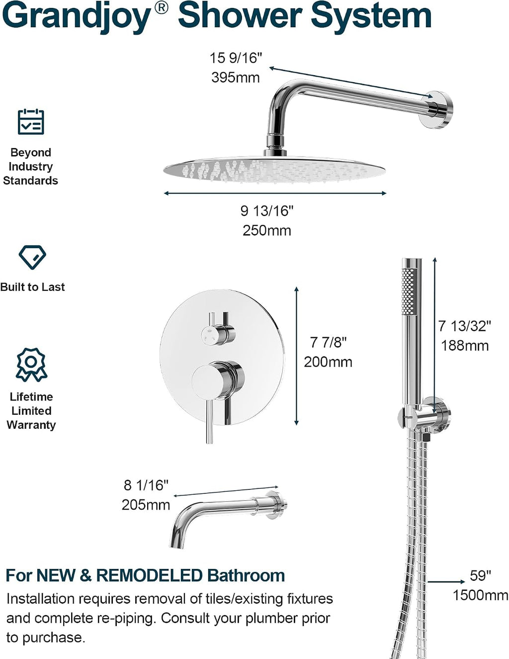 10 Inch Round Shower Faucet Set with Tub Spout, High Pressure Rainfall Shower Head and Handheld Sprayer Combo, Polished Chrome