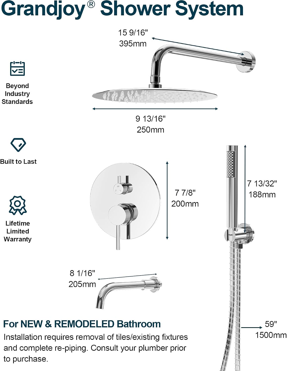10 Inch Round Shower Faucet Set with Tub Spout, High Pressure Rainfall Shower Head and Handheld Sprayer Combo, Polished Chrome