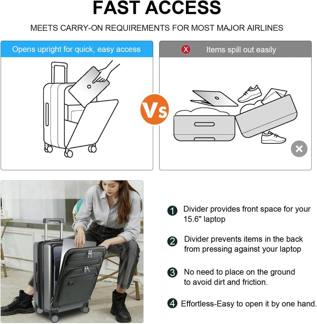 KROSER Hardside Expandable Carry On Luggage 22x14x9 Airline Approved With Front Business Pockets, 20 Inch Suitcases with Wheels, Carry on Suitcase with TSA Lock & USB Port, Steel Grey