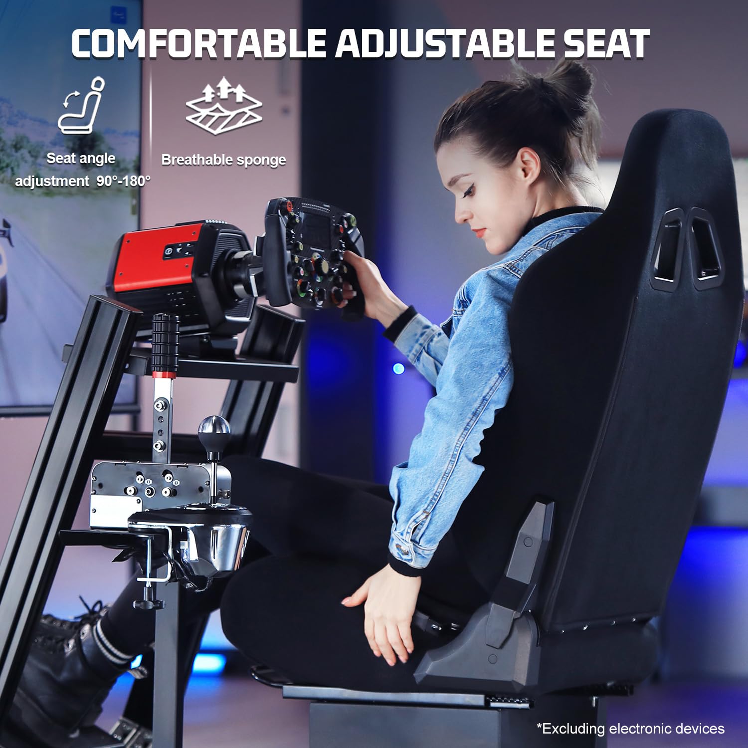 Marada Aluminum Profile Racing Simulator Cockpit With Monitor Stand, Fit For Fanatec, for Thrustmaster T818, for Logitech G923 GPro, Stable Driving Cockpit With Black Seat,Not Included Wheel and Pedal