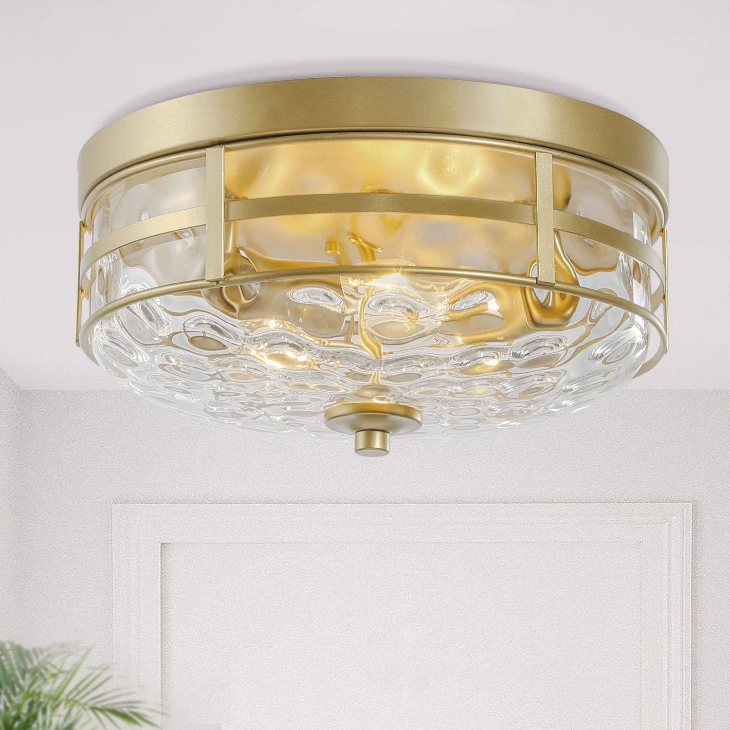 KSANA Gold Modern Flush Mount Ceiling Light Fixture with Water Ripple Glass for Bedroom, Hallway, Kitchen, Dining & Living Room, Foyer and Bathroom