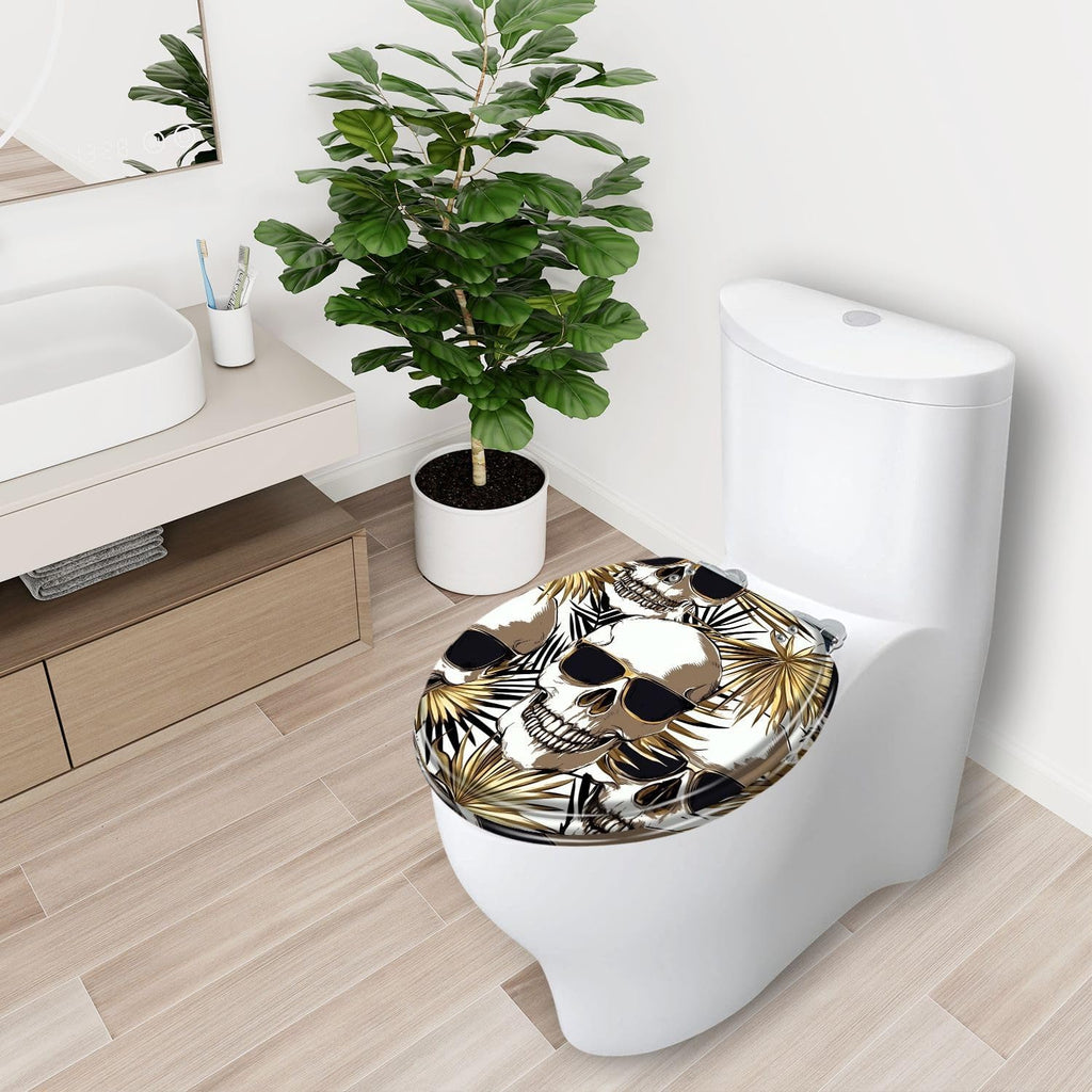 Round Toilet Seat Seamless gold silver pattern Tropical leaves Exotic fan palm human Resin Toilet Seat Slow Quiet Close with Quick-Release Hinges Toilet Seat with Cover Easy to Clean Install