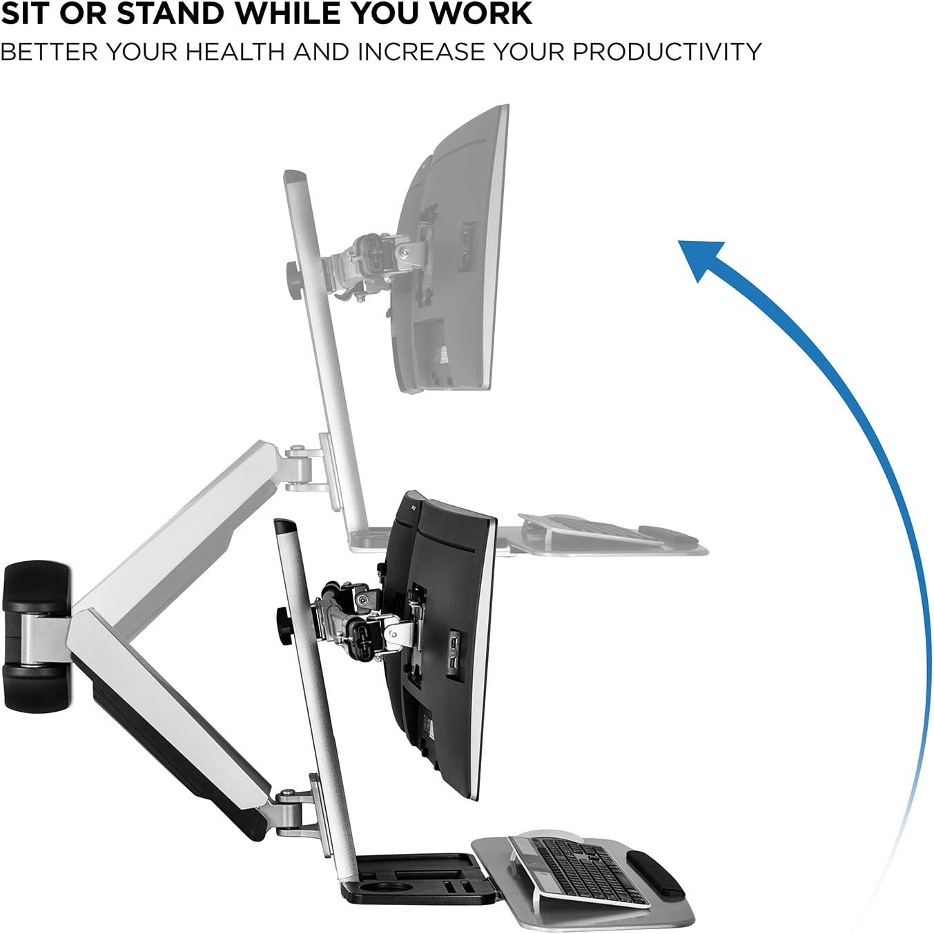 Mount-It! Dual Monitor Wall Mount Workstation with Keyboard Tray & CPU Holder, Sit-Stand Gas Spring Computer Station, Fits Two 27' Displays, 17.6 lbs Each, VESA 75x75 100x100