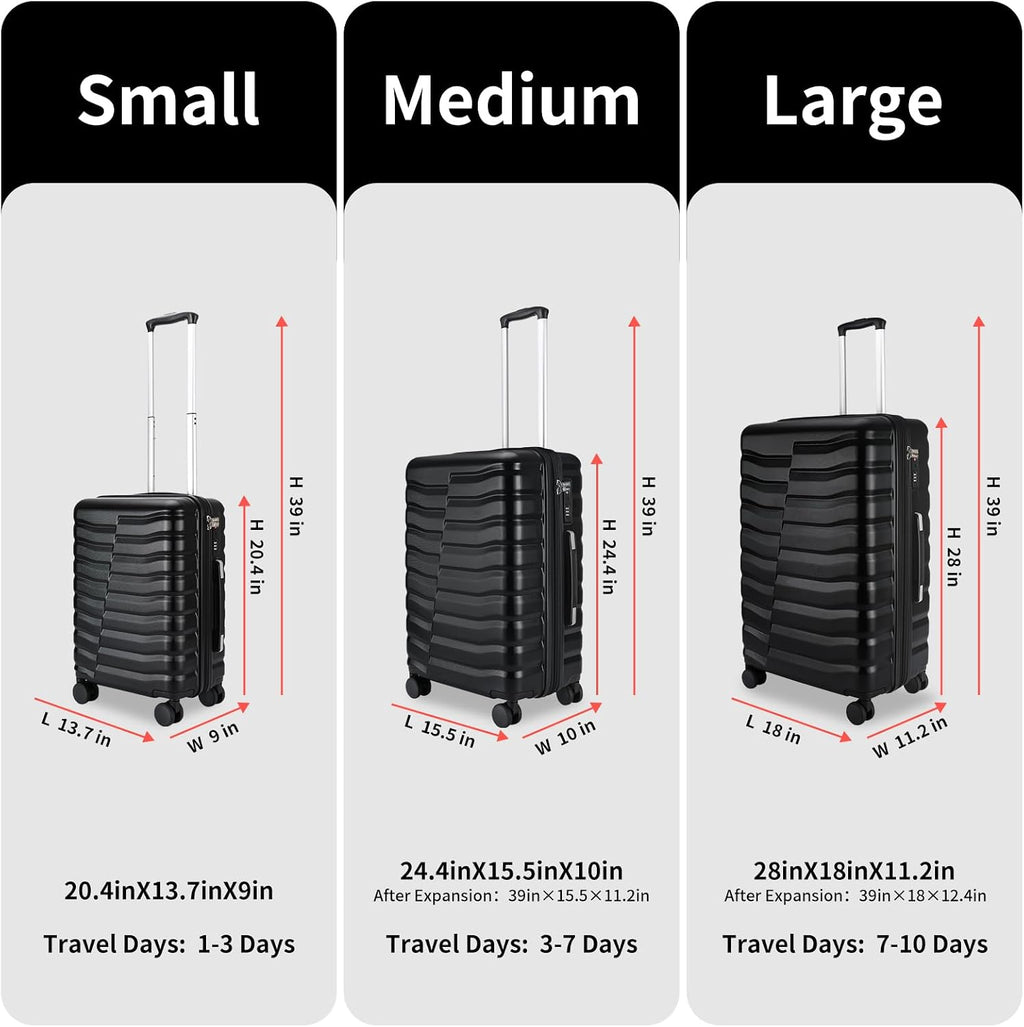 WireHot Lightweight Luggage with Spinner Wheels & YKK Zipper, Hard Shell 3-Piece Suitcase ABS+PC Hardside Luggage Set with TSA Lock for Men Travel, Black (20+24+28 inch)