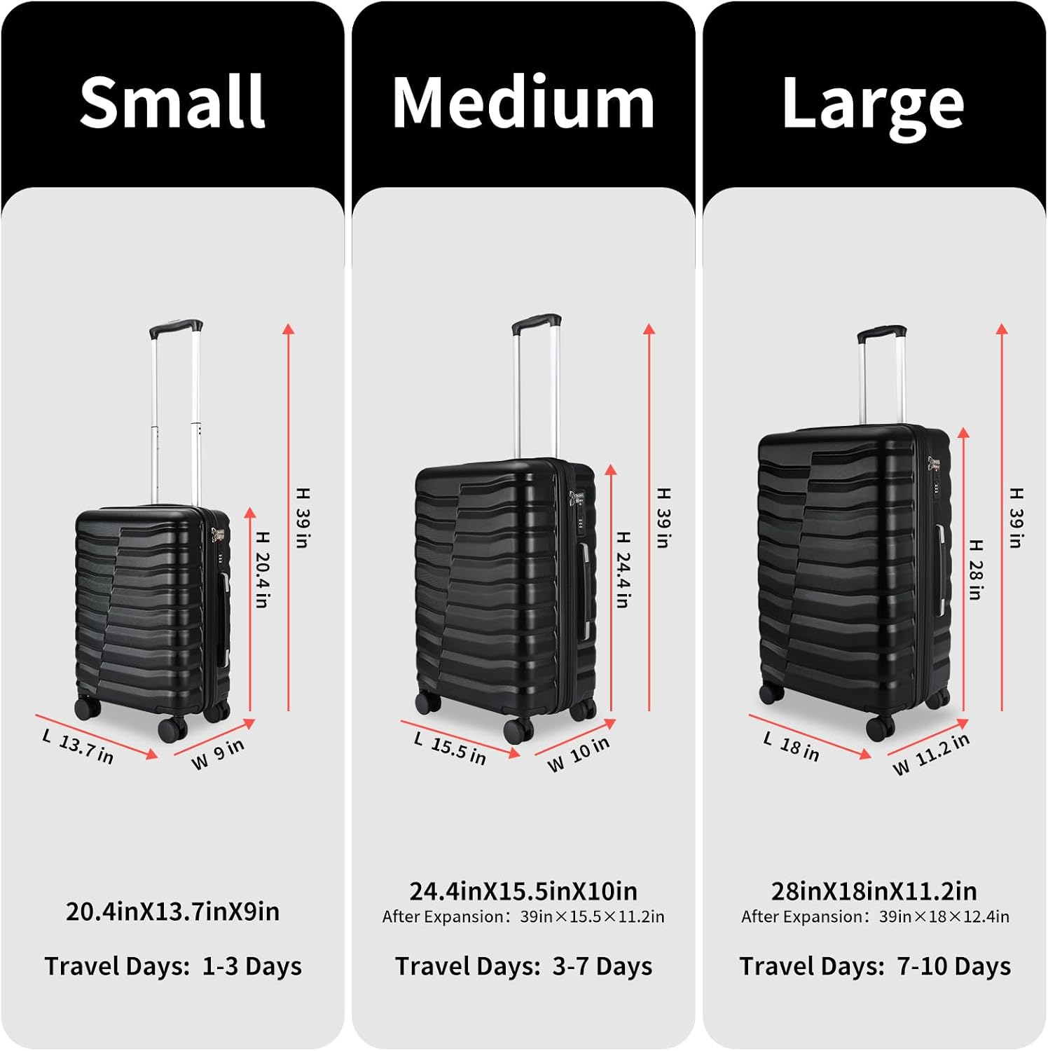 WireHot Lightweight Luggage with Spinner Wheels & YKK Zipper, Hard Shell 3-Piece Suitcase ABS+PC Hardside Luggage Set with TSA Lock for Men Travel, Black (20+24+28 inch)