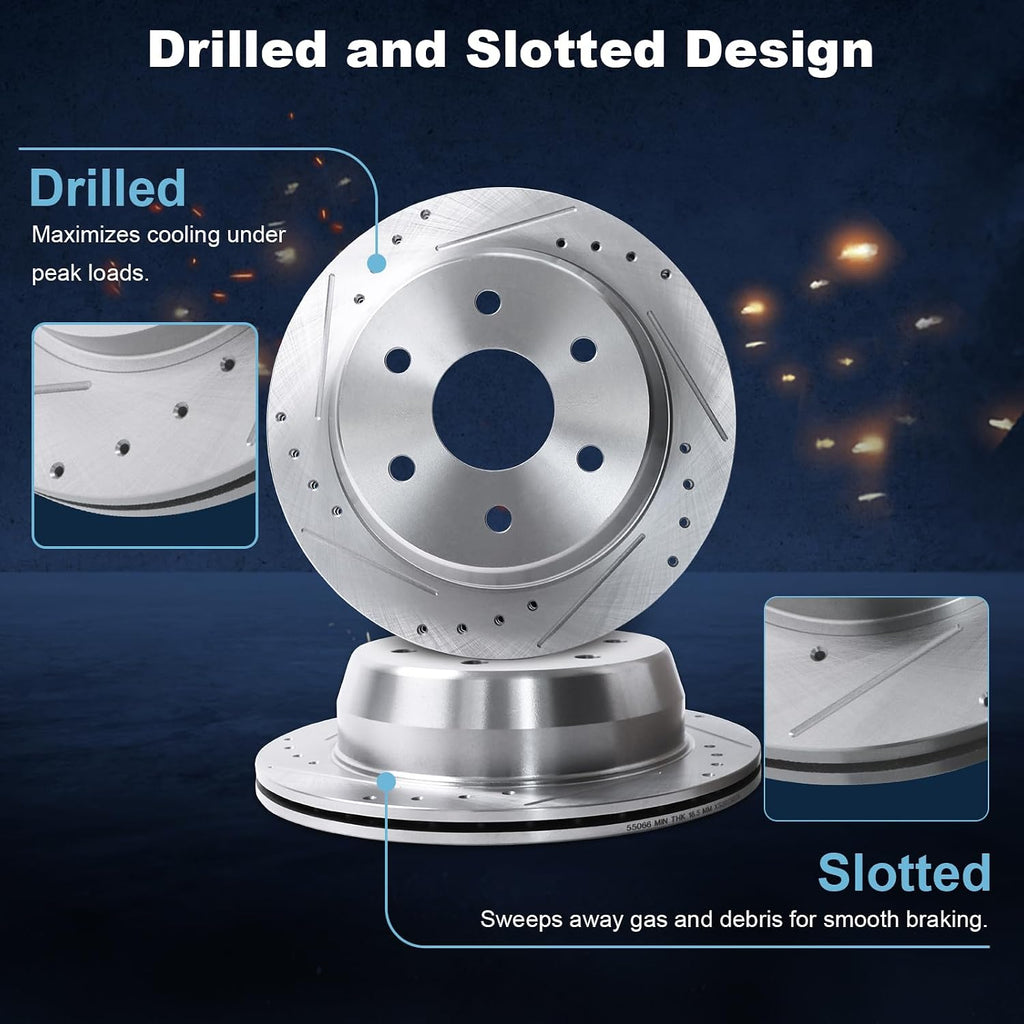 Rear Drilled and Slotted Disc Brake Rotors & Ceramic Brake Pads Kit Fit for Chevrolet 03-05 Astro, 99-06 Silverado 1500, 00-01 Tahoe; for GMC 03-05 Safari, 99-06 Sierra 1500, 00-01 Yukon