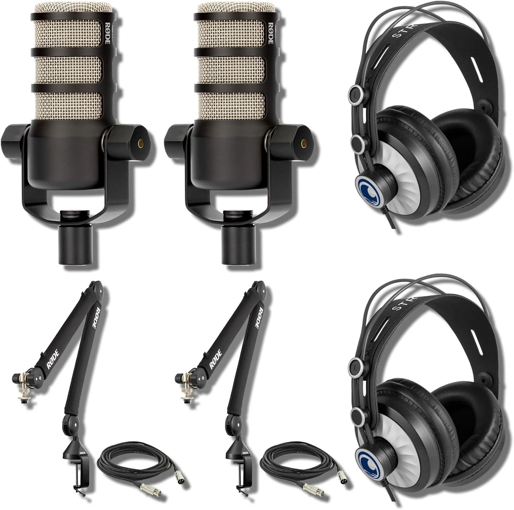 Rode PodMic Dynamic Podcasting Microphones (Pair) with Rode PSA1+ Professional Studio Boom Arms, Studio Graded Headphones, XLR Cables and StreamEye Polishing Cloth