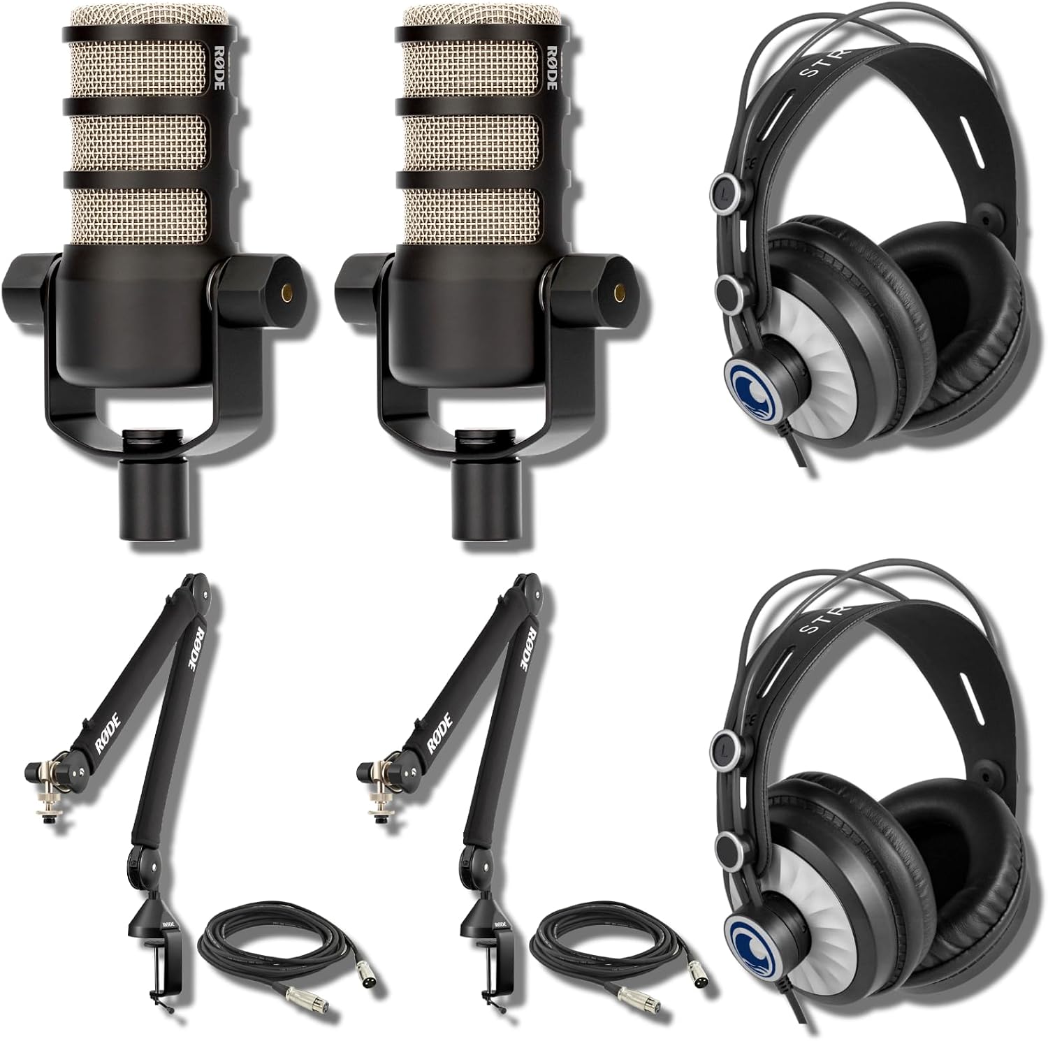 Rode PodMic Dynamic Podcasting Microphones (Pair) with Rode PSA1+ Professional Studio Boom Arms, Studio Graded Headphones, XLR Cables and StreamEye Polishing Cloth