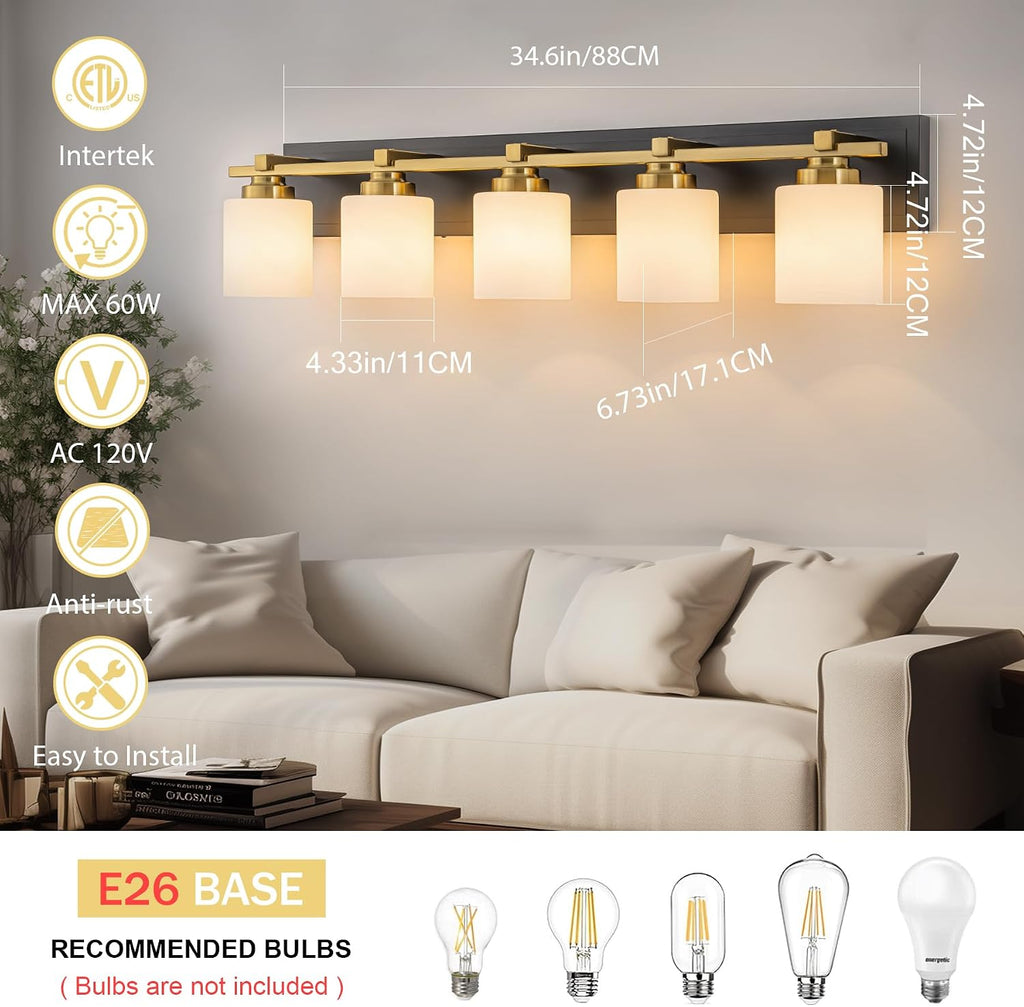 Modern Bathroom Light Fixtures Over Mirror, Vanity Lights for Bathroom Wall Sconces with Milky White Glass Shades, E26 Socket (Bulbs Not Included), 5 Light, Black Gold