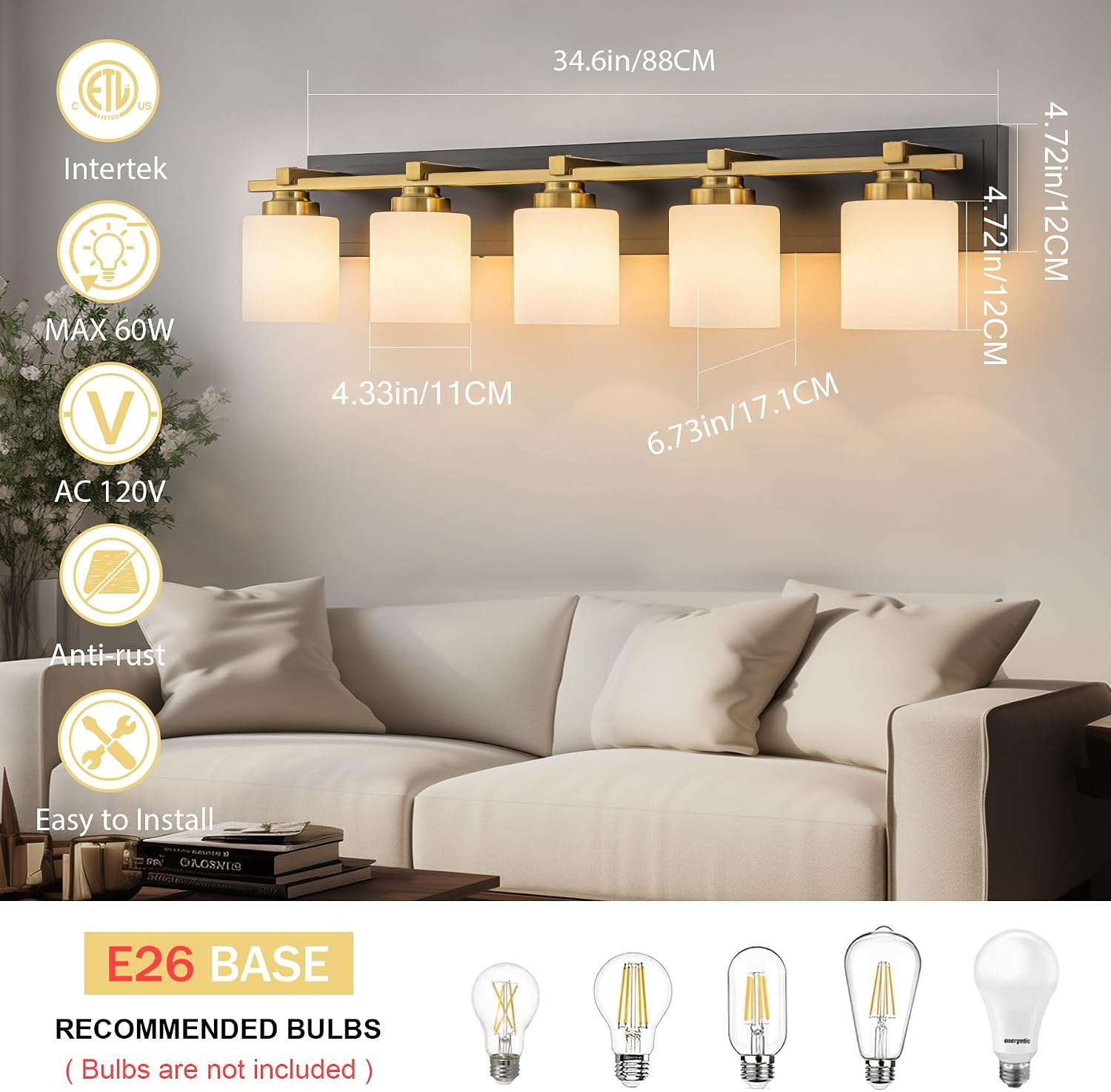 Modern Bathroom Light Fixtures Over Mirror, Vanity Lights for Bathroom Wall Sconces with Milky White Glass Shades, E26 Socket (Bulbs Not Included), 5 Light, Black Gold