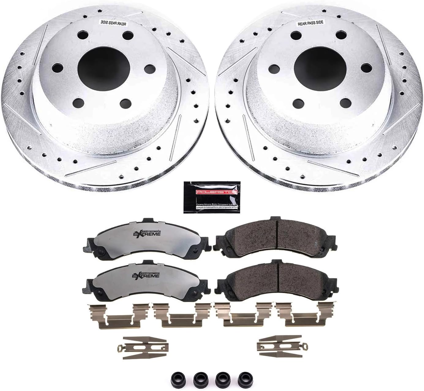 PowerStop Rear Brake Kit For Cadillac Escalade 2002-06 |GMC Yukon 2000-06 |Sierra 1500 2001-06 - Truck & Tow Carbon Fiber Ceramic Brake Pads + Drilled & Slotted Rotors Upgrade, K2046-36